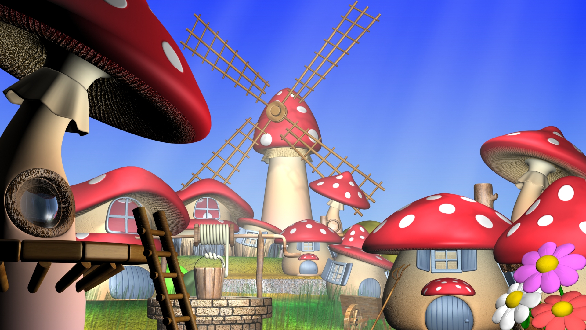 Download mobile wallpaper Cartoon, 3D, Village, Mushroom, Artistic, 3D Art for free.