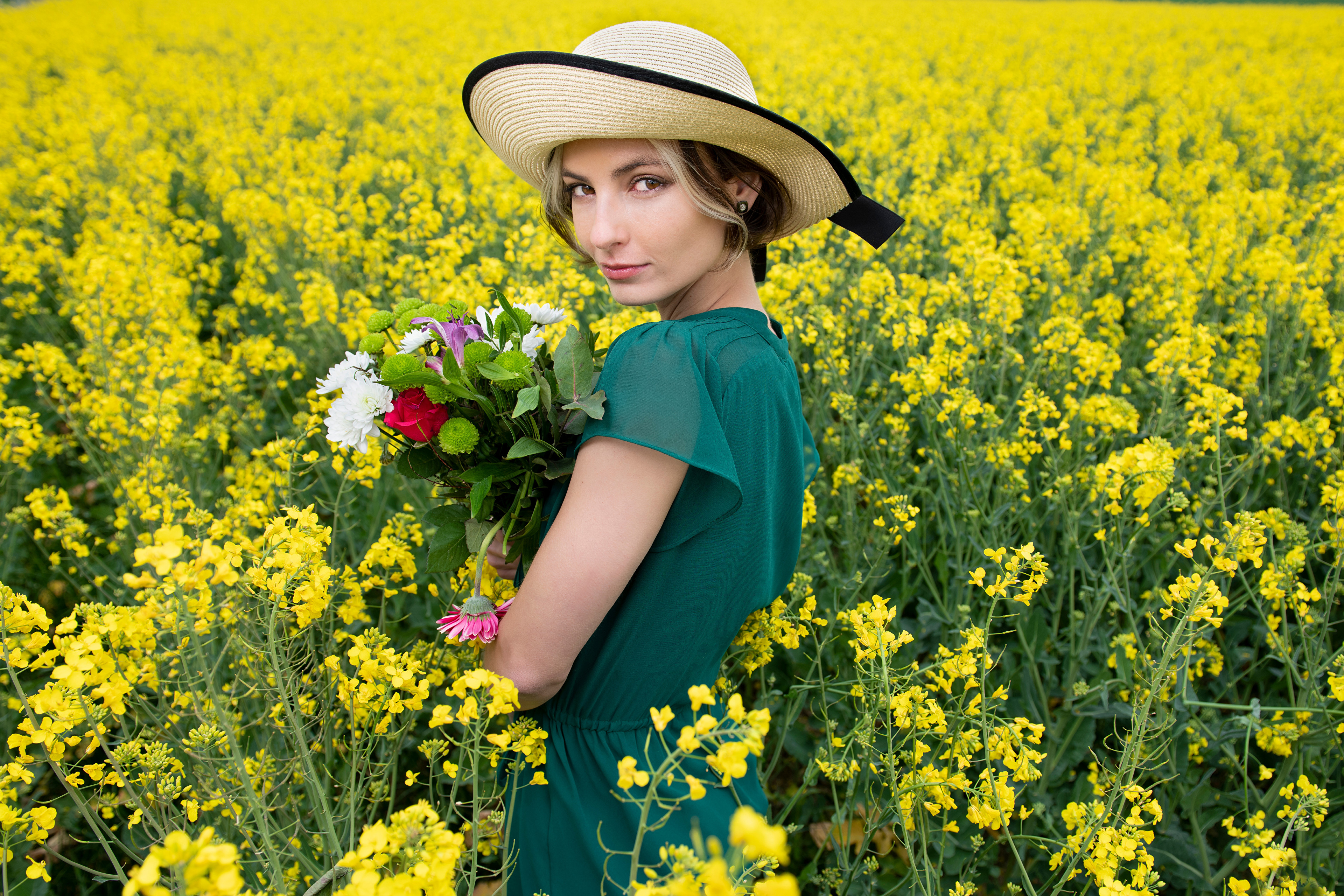 PCデスクトップに花, 帽子, モデル, 女性, 菜種画像を無料でダウンロード