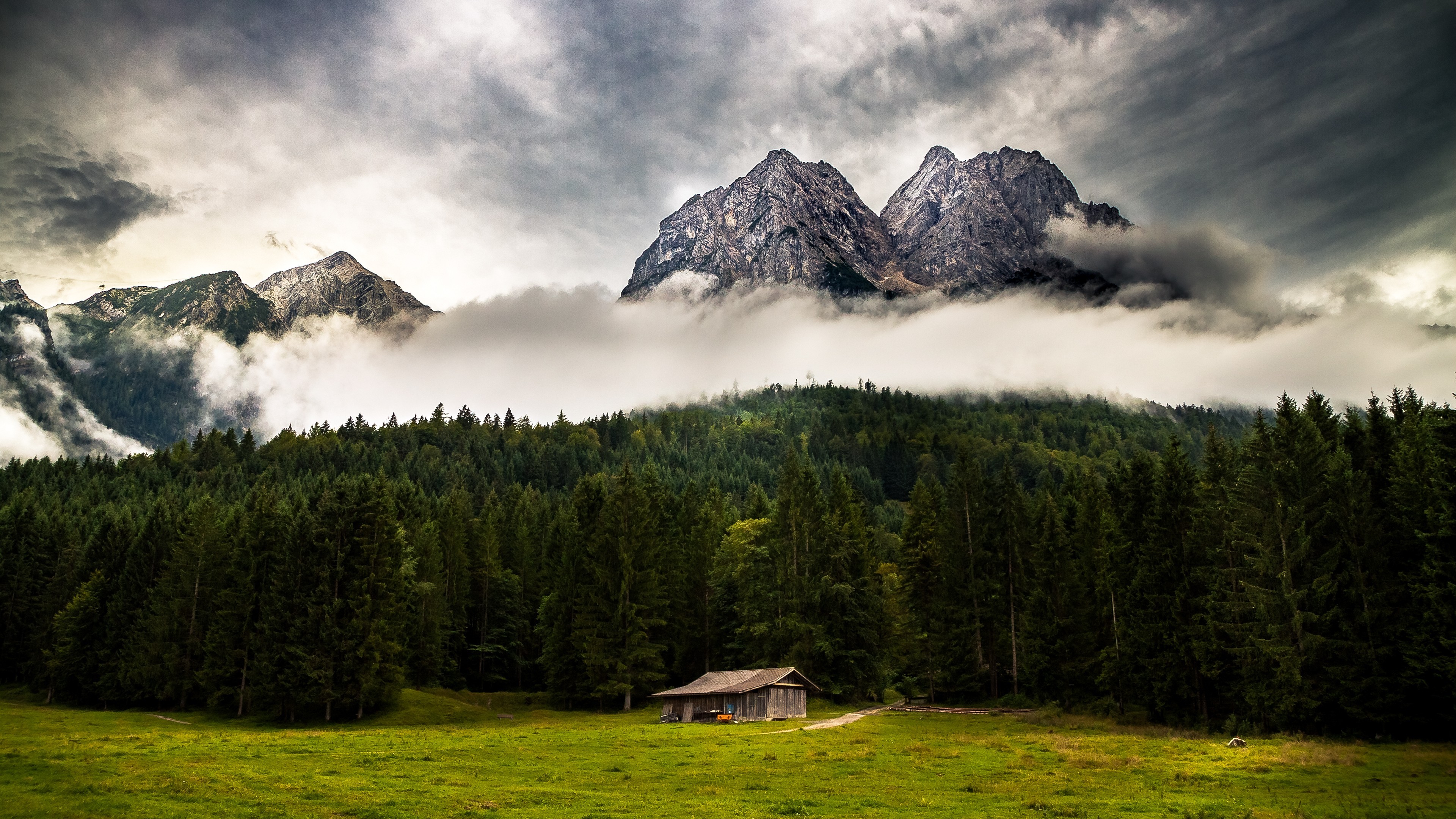 Download mobile wallpaper Mountain, Forest, Tree, Cabin, Man Made for free.