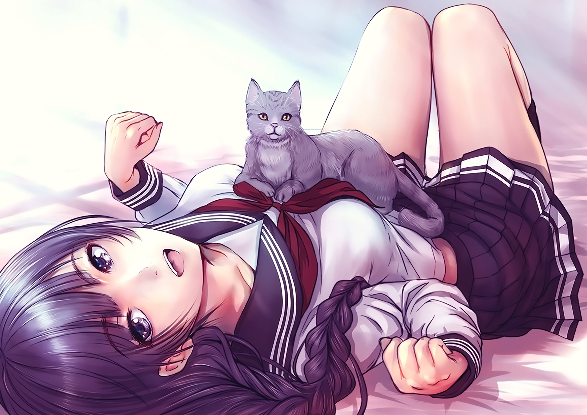Free download wallpaper Anime, Cat, Schoolgirl, Original, School Uniform, Long Hair on your PC desktop