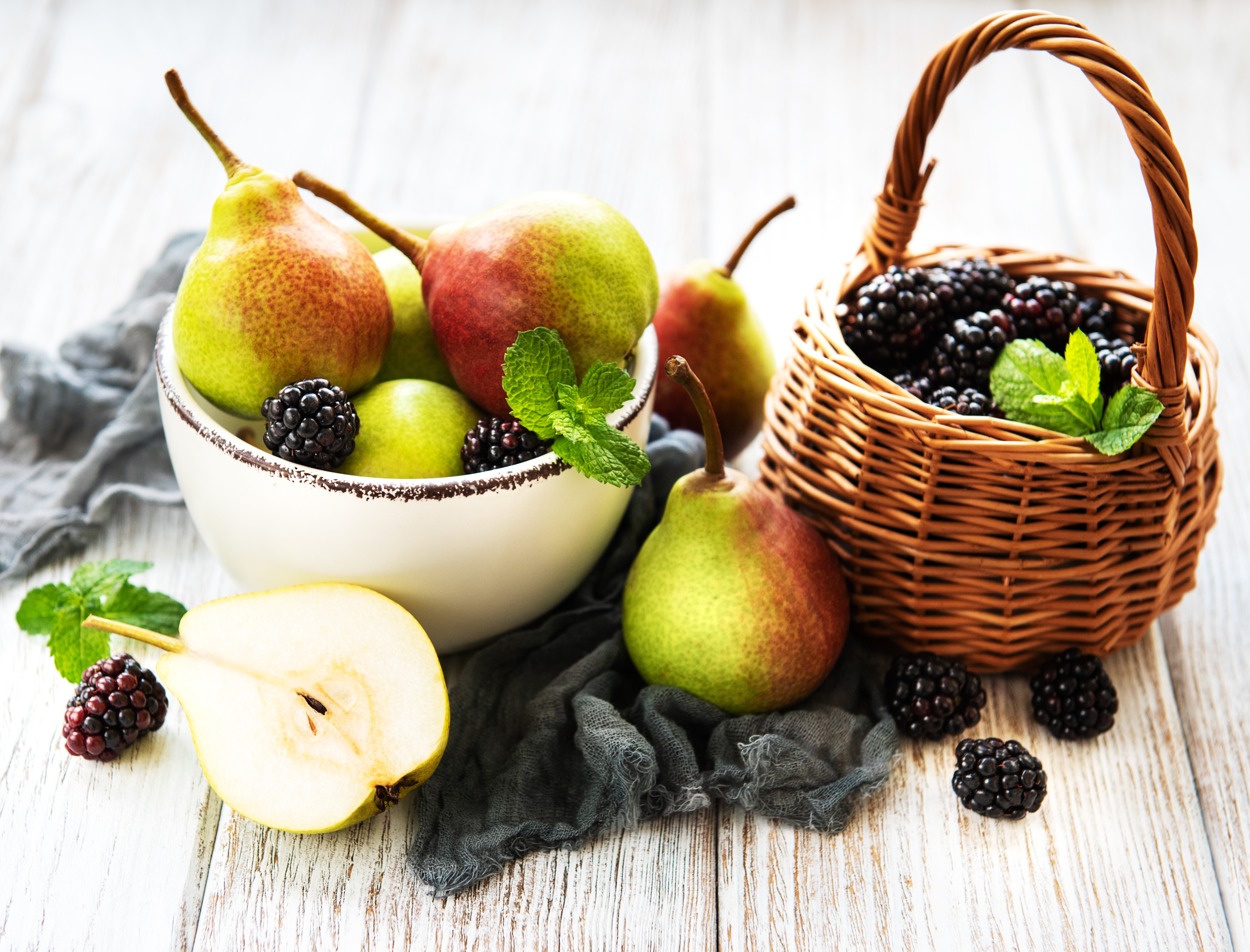 Download mobile wallpaper Fruits, Food, Blackberry, Berry, Fruit, Basket, Pear for free.