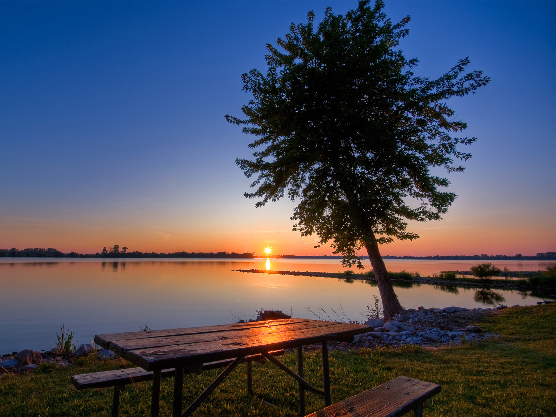 Download mobile wallpaper Sunset, Tree, River, Photography for free.