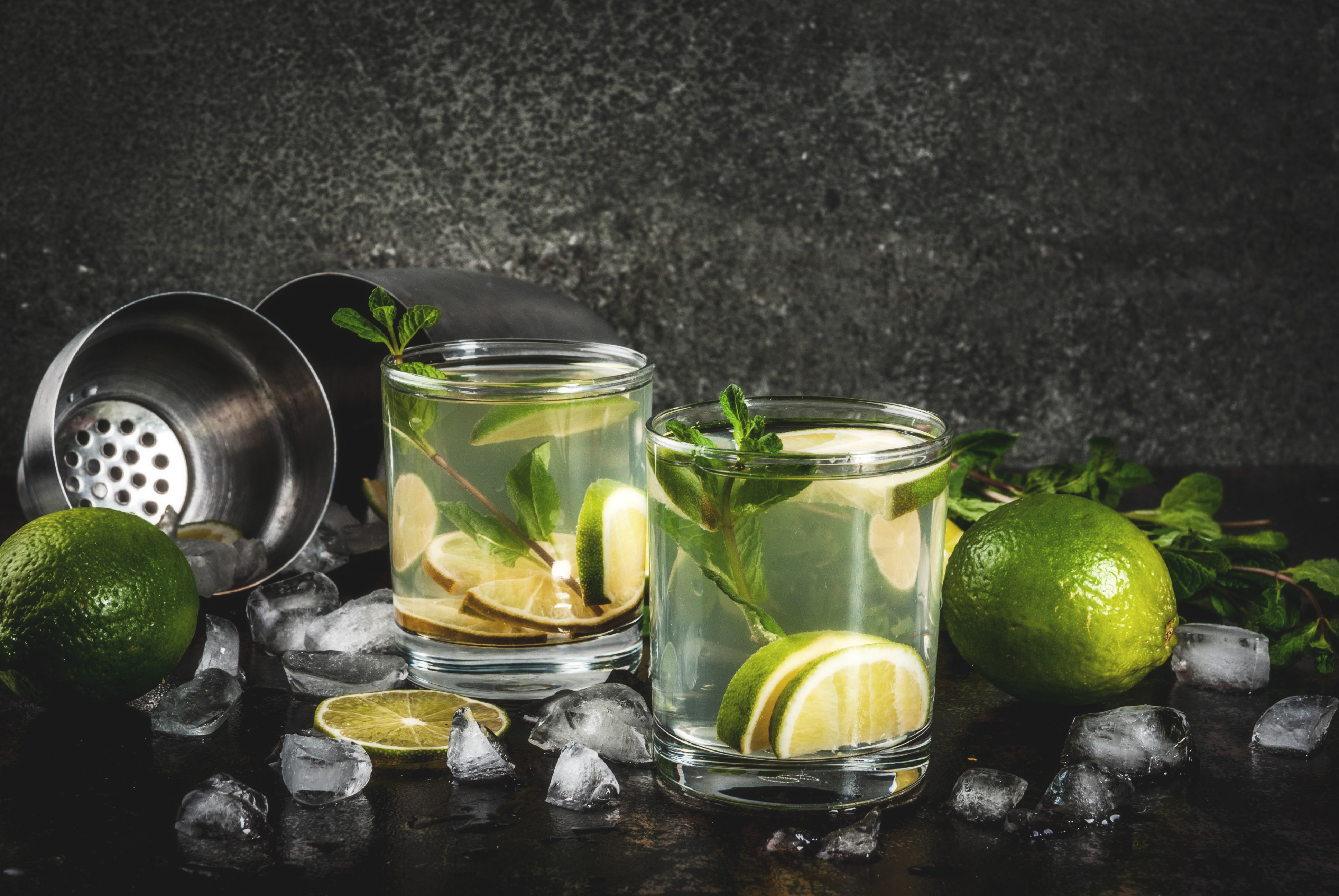 food, drink, glass, ice cube, lime, mint, mojito, still life