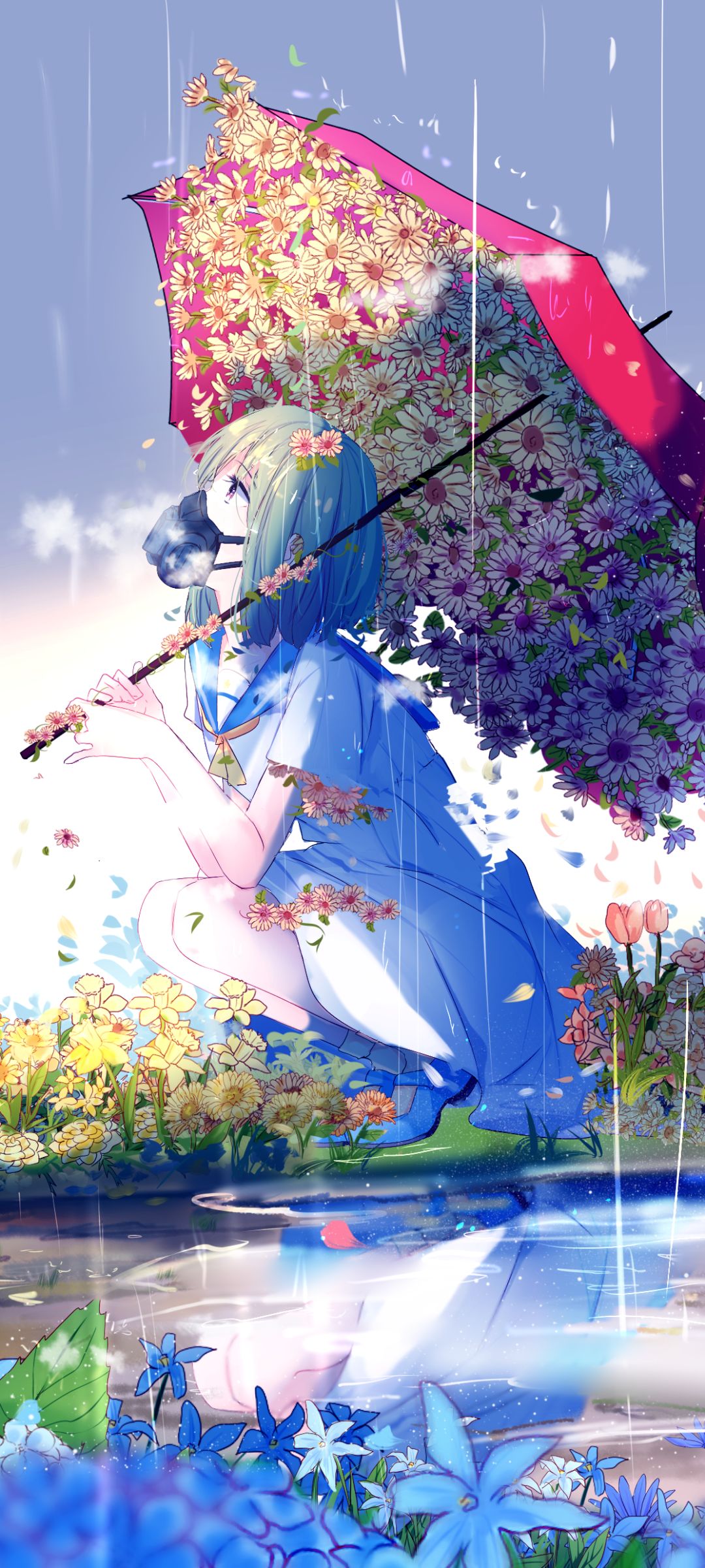 Download mobile wallpaper Anime, Rain, Reflection, Flower, Umbrella, Original, Short Hair for free.