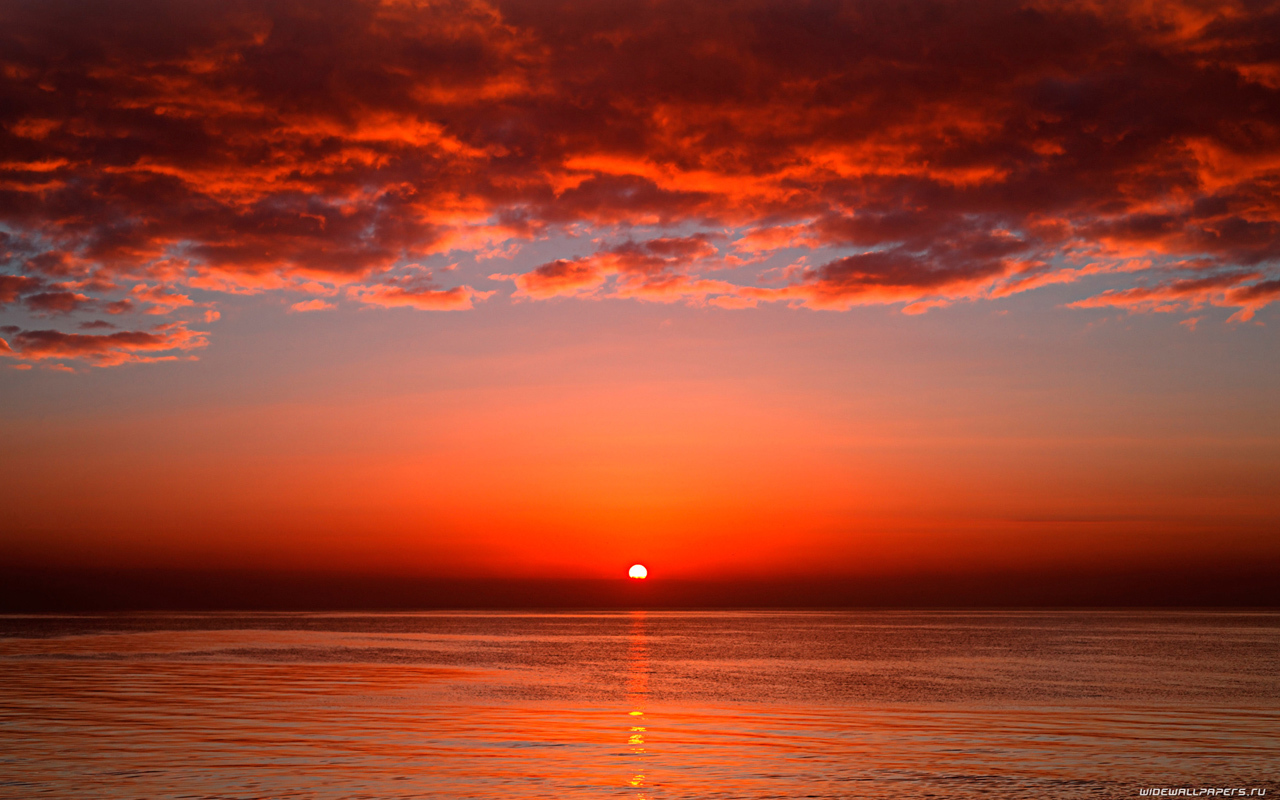 sun, landscape, sunset, sea, clouds, red