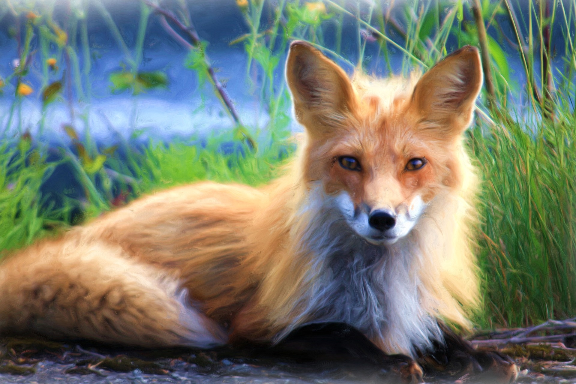 無料モバイル壁紙動物, ペインティング, 狐, 横たわる, 油絵をダウンロードします。