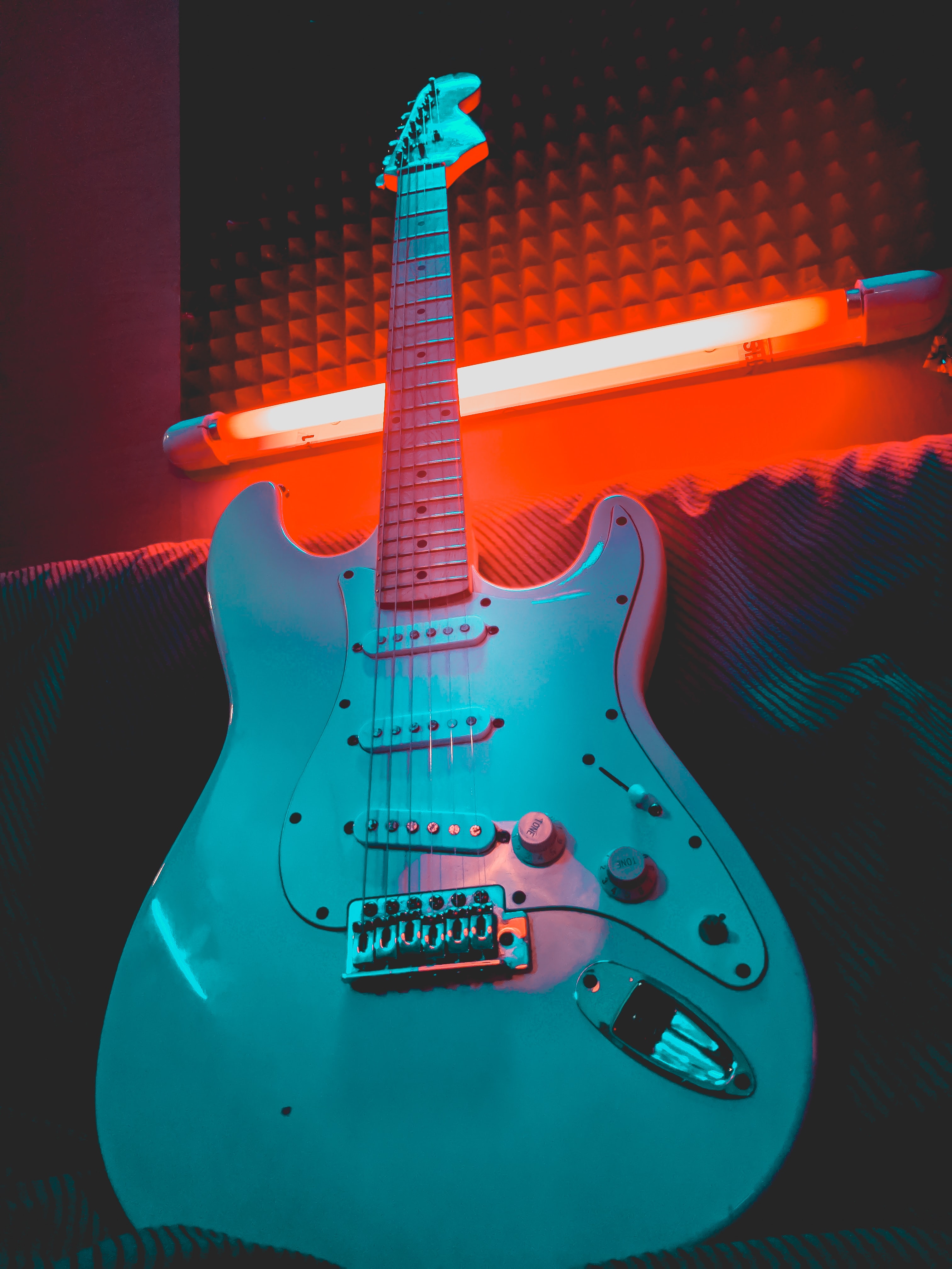 guitar, electric guitar, musical instrument, neon, music, shine, light