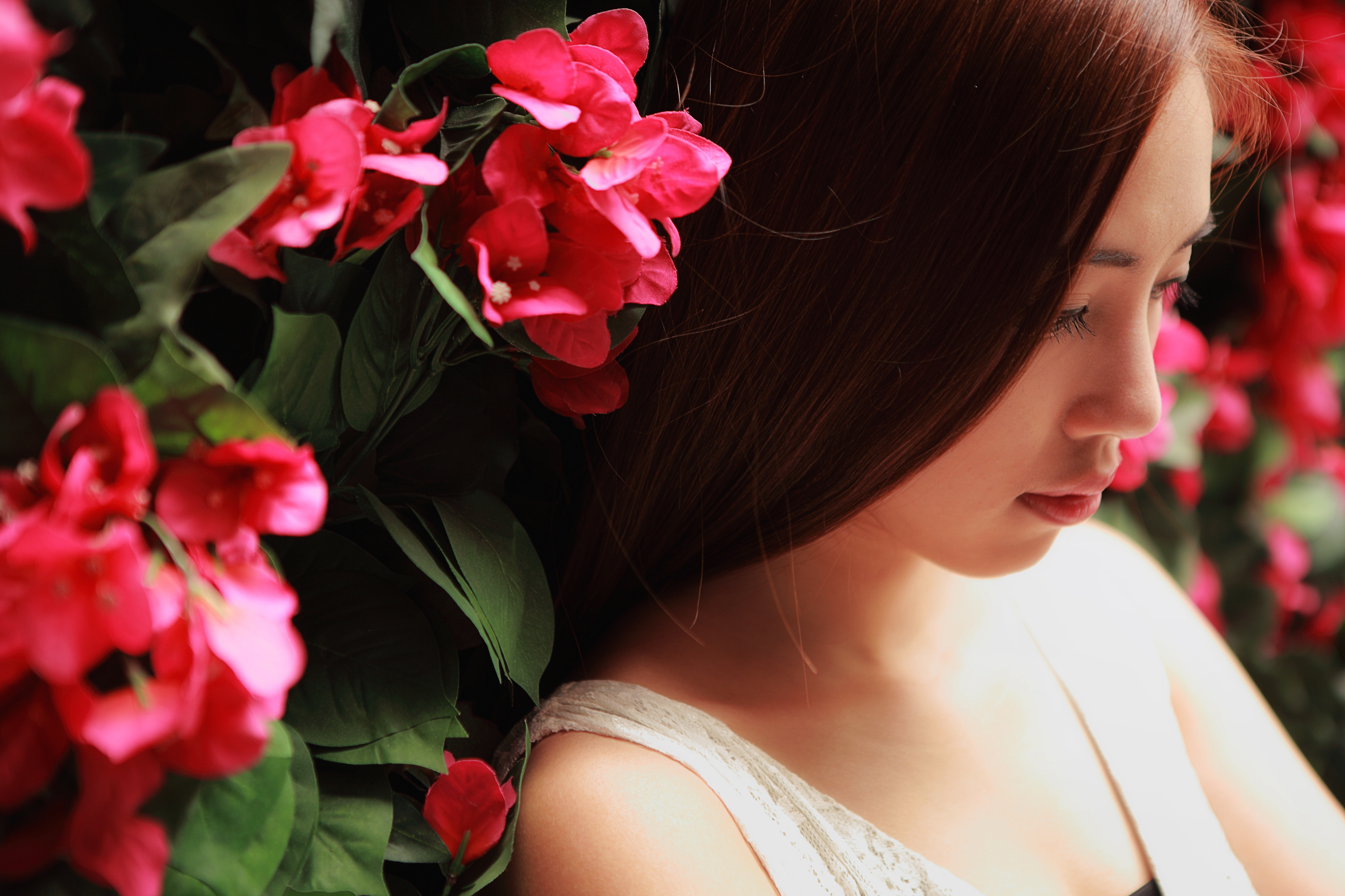 Laden Sie das Blume, Blatt, Nahansicht, Gesicht, Frauen, Asiatinnen-Bild kostenlos auf Ihren PC-Desktop herunter