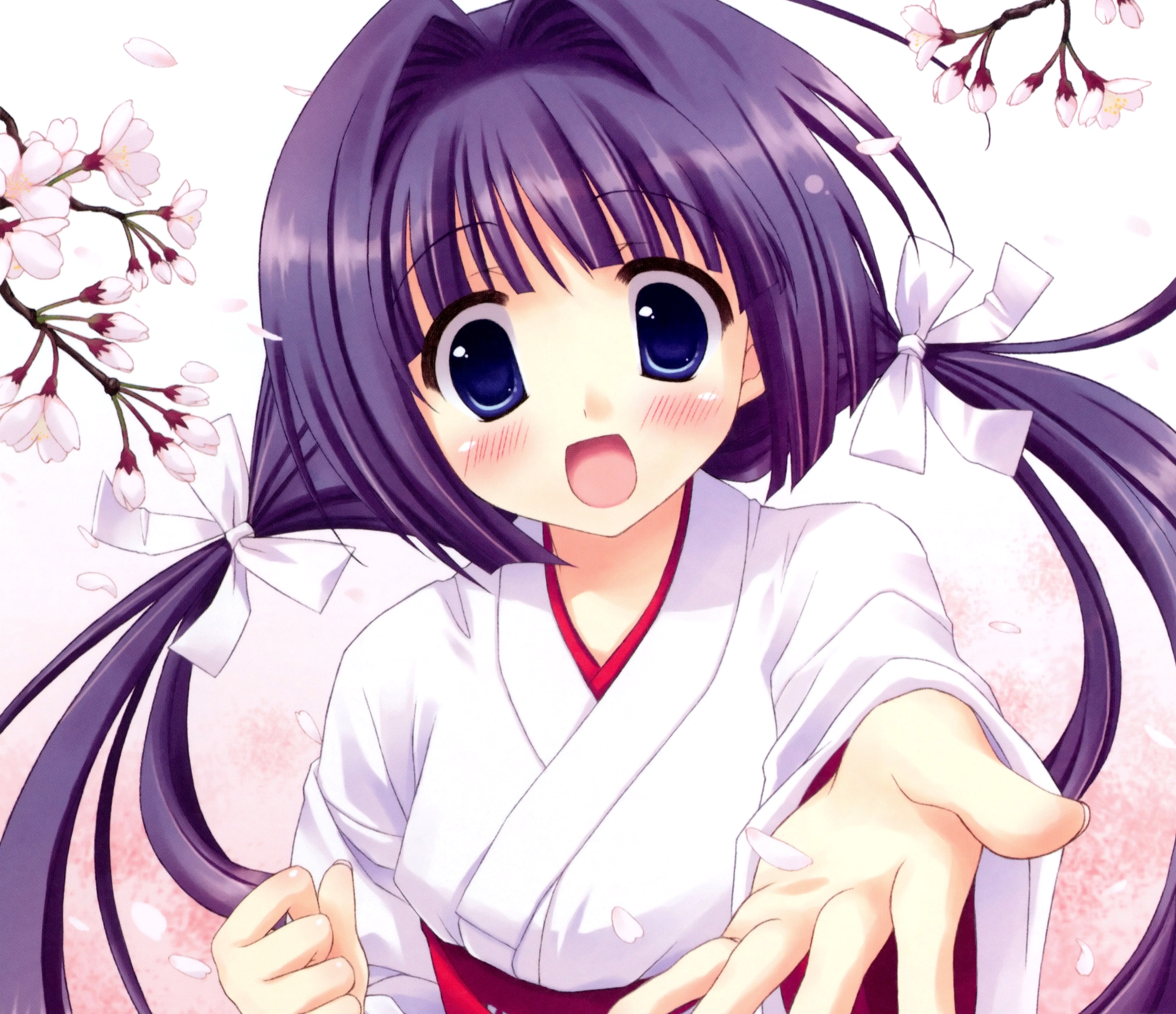 Download mobile wallpaper Anime, Blue Eyes, Cherry Blossom, Original, Purple Hair, Miko Outfit for free.