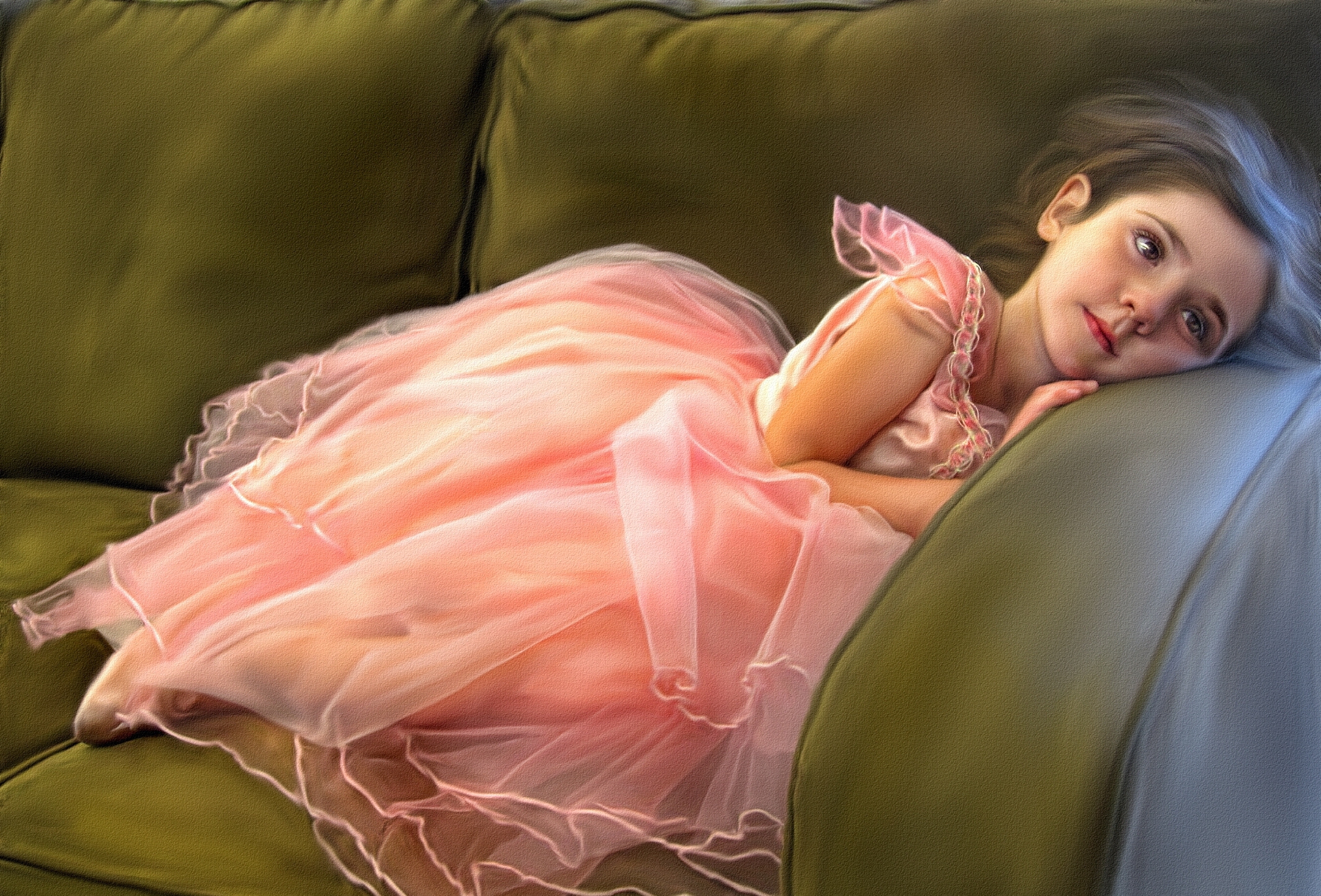 artistic, painting, couch, dress, little girl, pink, resting