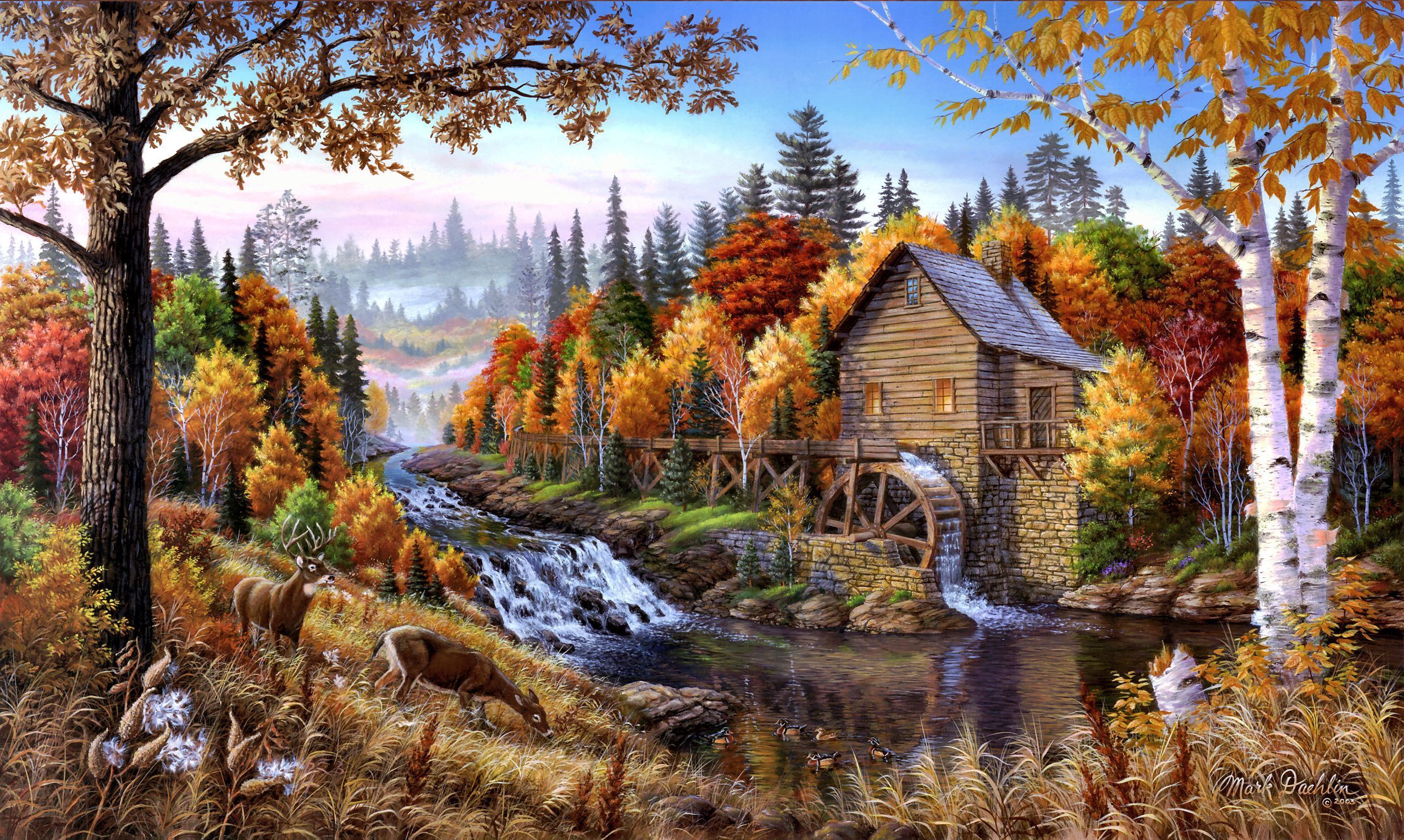 541547 baixar imagens outono, veado, rio, artistico, paisagem, moinho de água - papéis de parede e protetores de tela gratuitamente