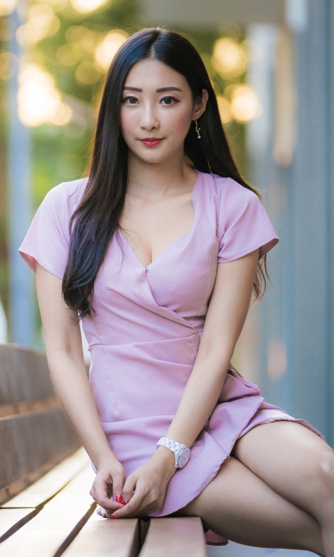 Download mobile wallpaper Model, Women, Asian, Black Hair, Long Hair, Pink Dress for free.