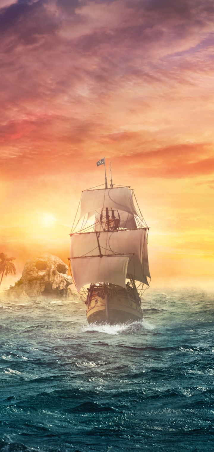 Download mobile wallpaper Fantasy, Sunset, Sailboat, Ship, Skull, Pirate Ship for free.