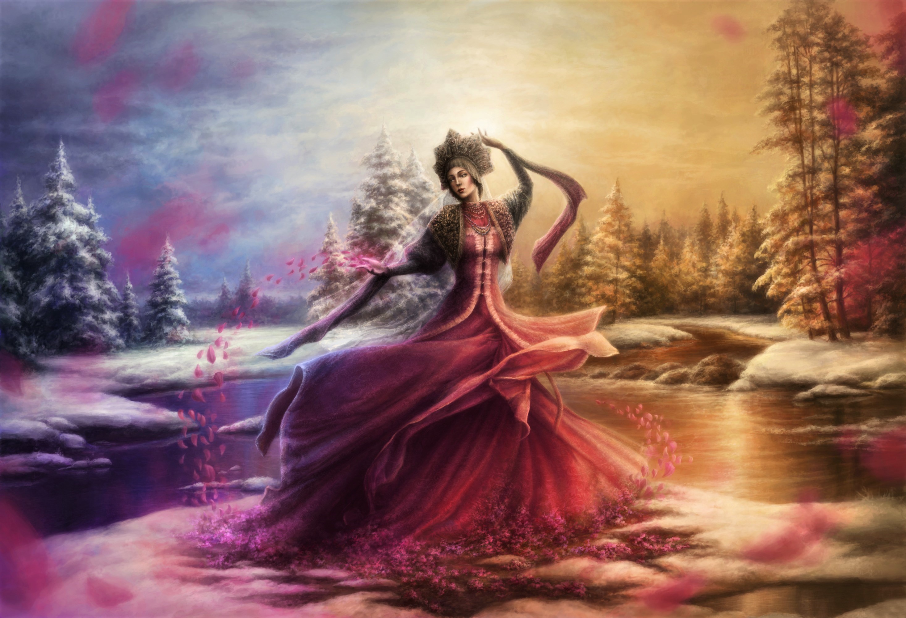 Download mobile wallpaper Winter, Fantasy, Snow, Forest, Women for free.