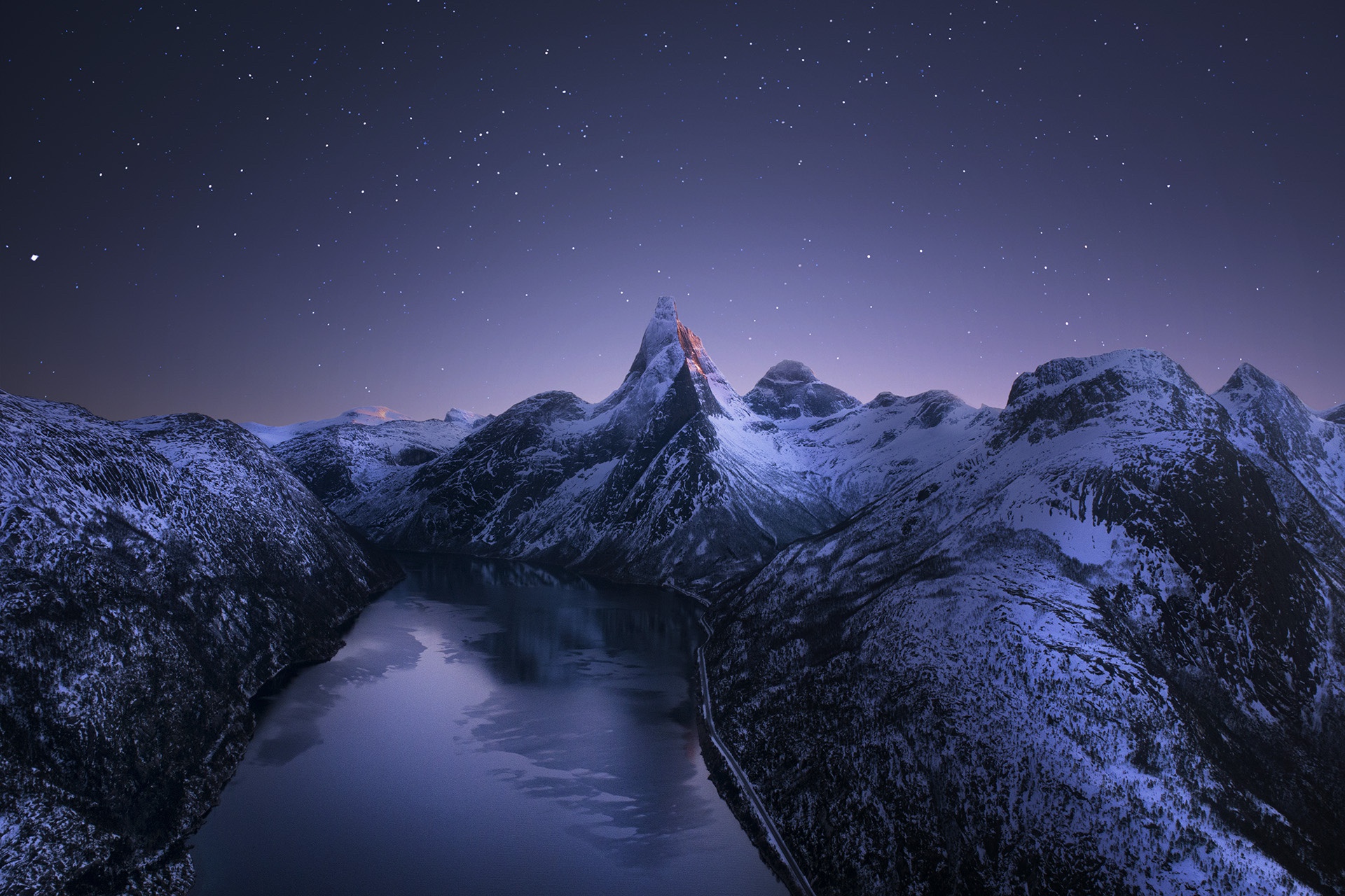 Download mobile wallpaper Winter, Night, Snow, Mountain, Peak, Starry Sky, Earth, Norway, Pond for free.