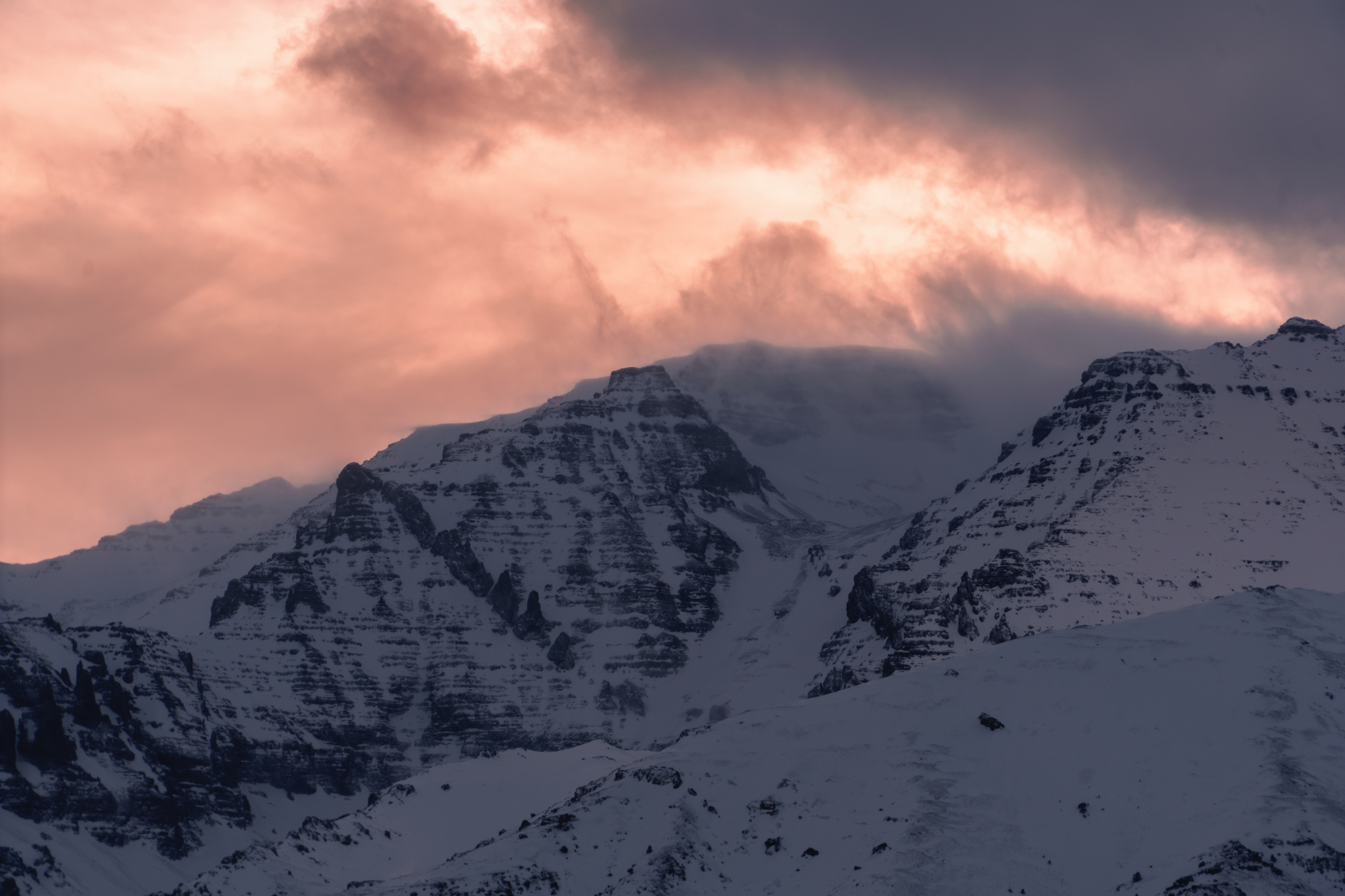 mountains, nature, pink, snow, vertex, top Panoramic Wallpaper