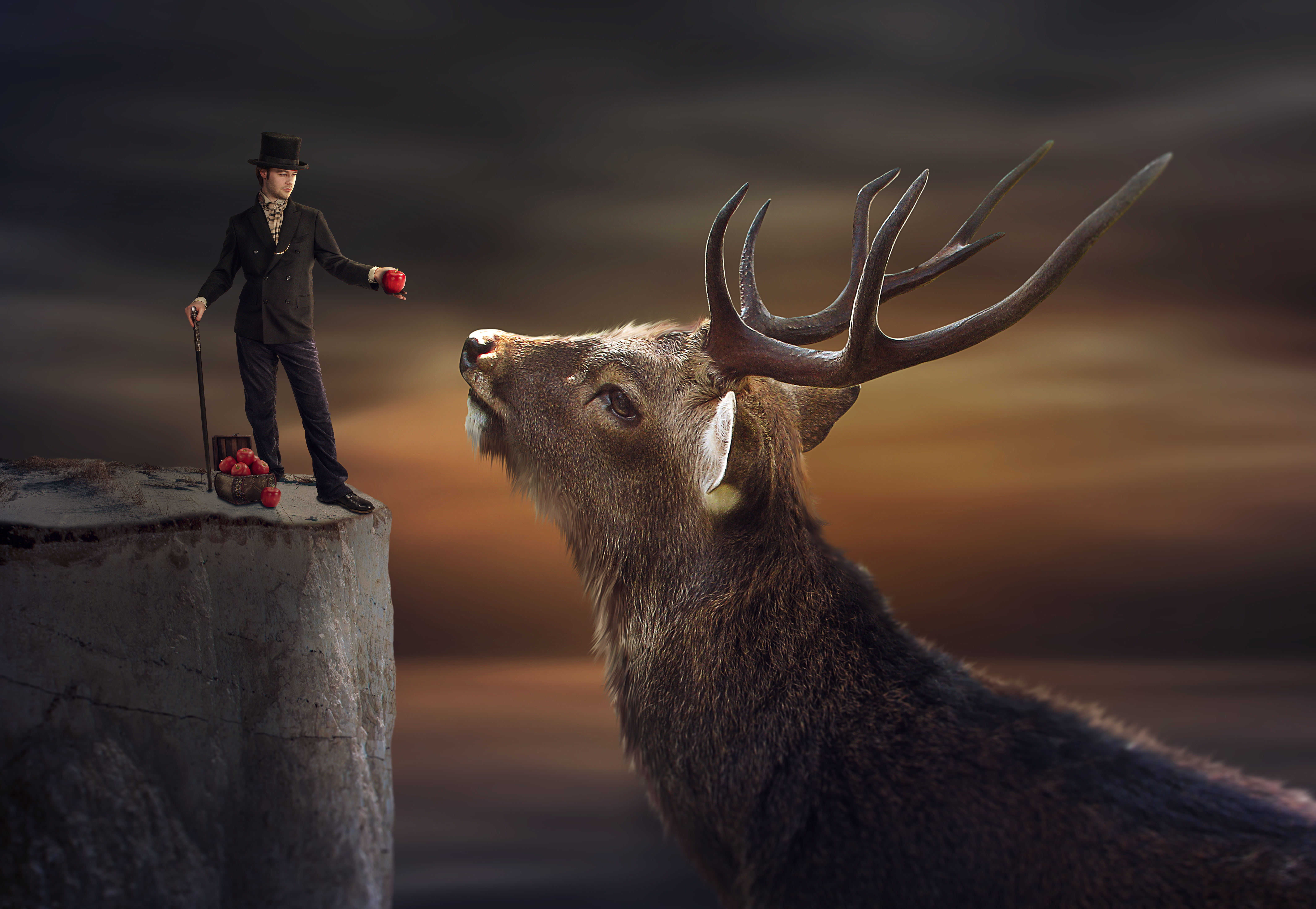 magician, photography, manipulation, buck, deer, top hat