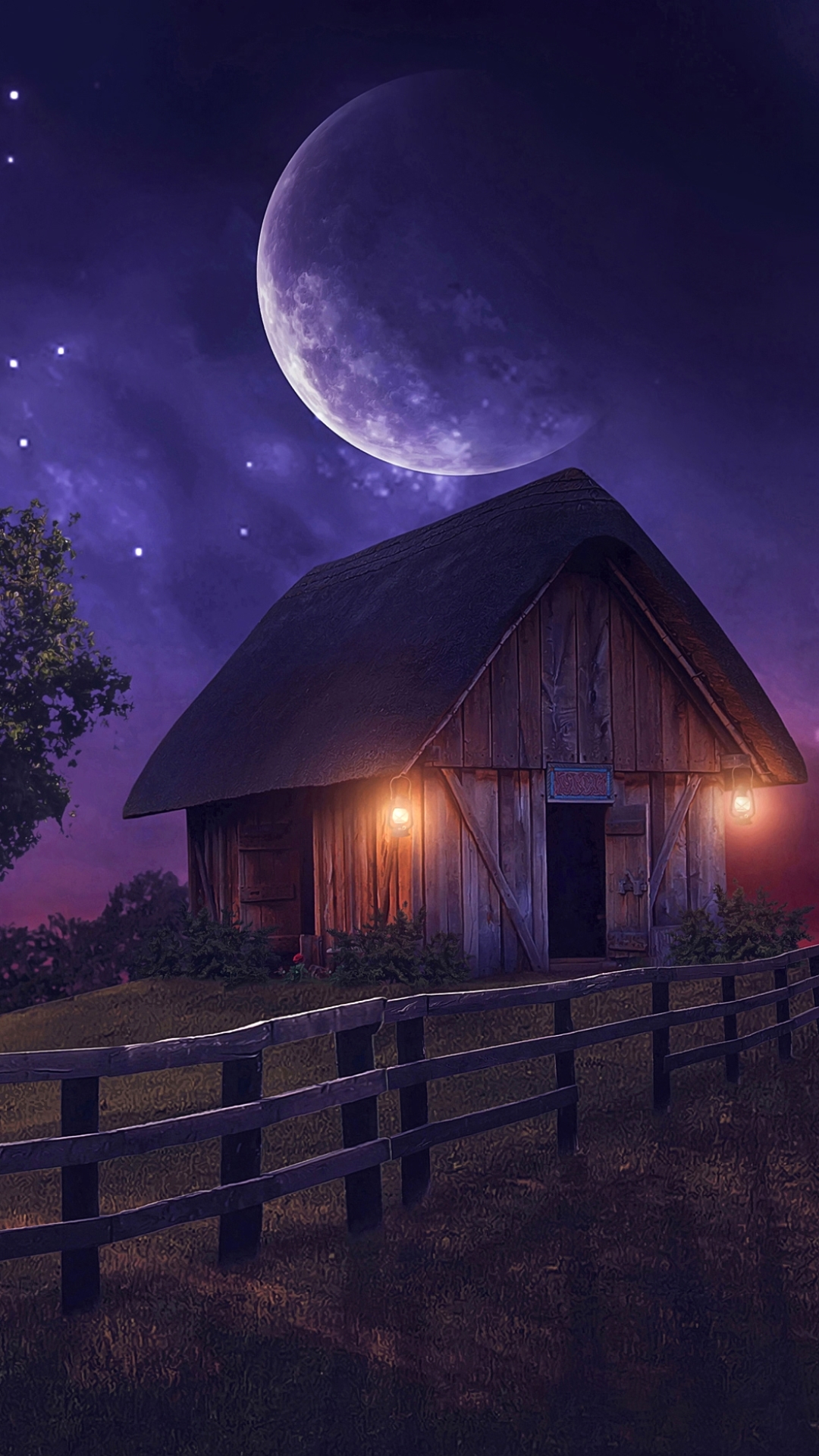 moon, artistic, fantasy, fence, tree, shed, stars HD wallpaper