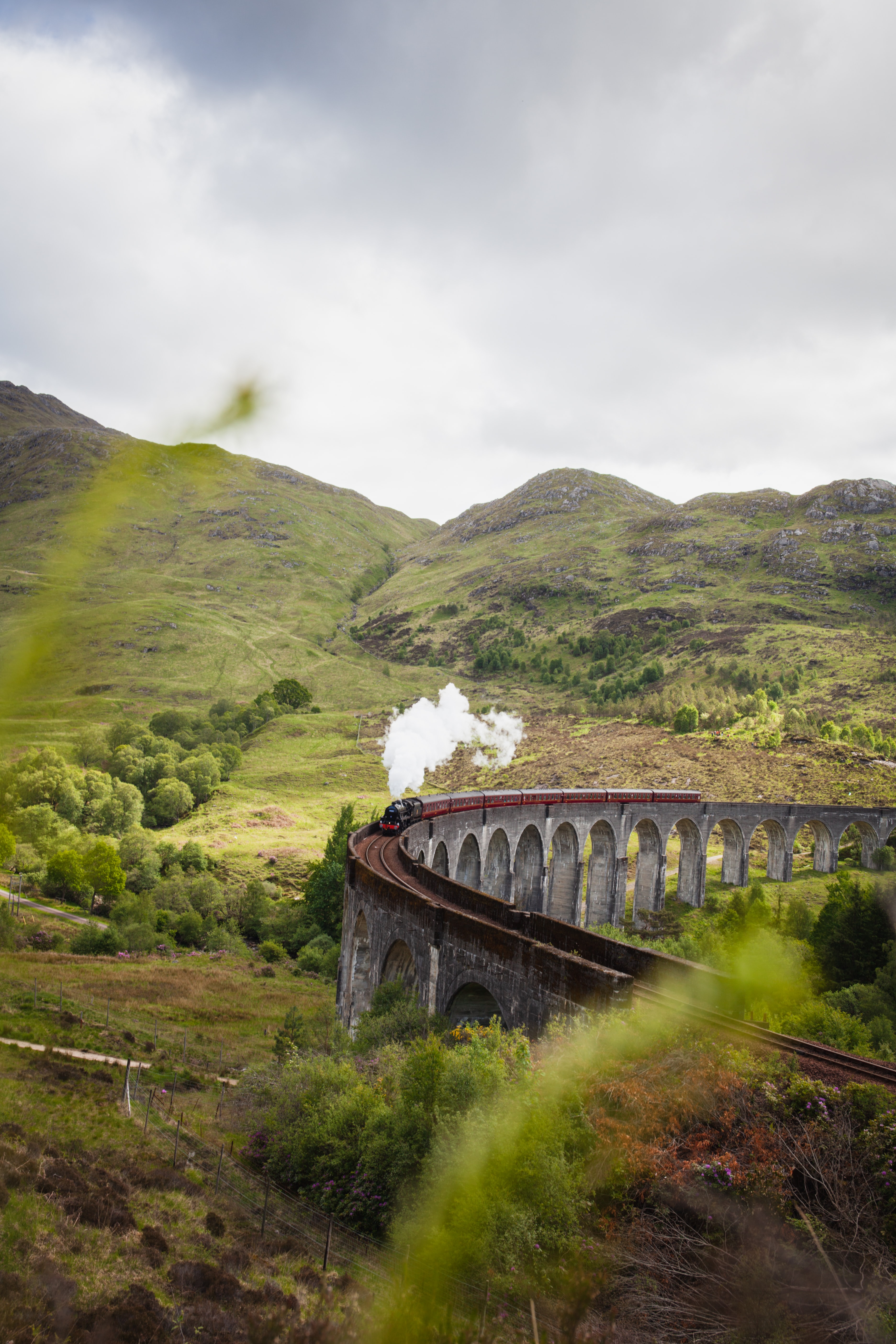 train, railway, nature, smoke, hills, bridge Full HD