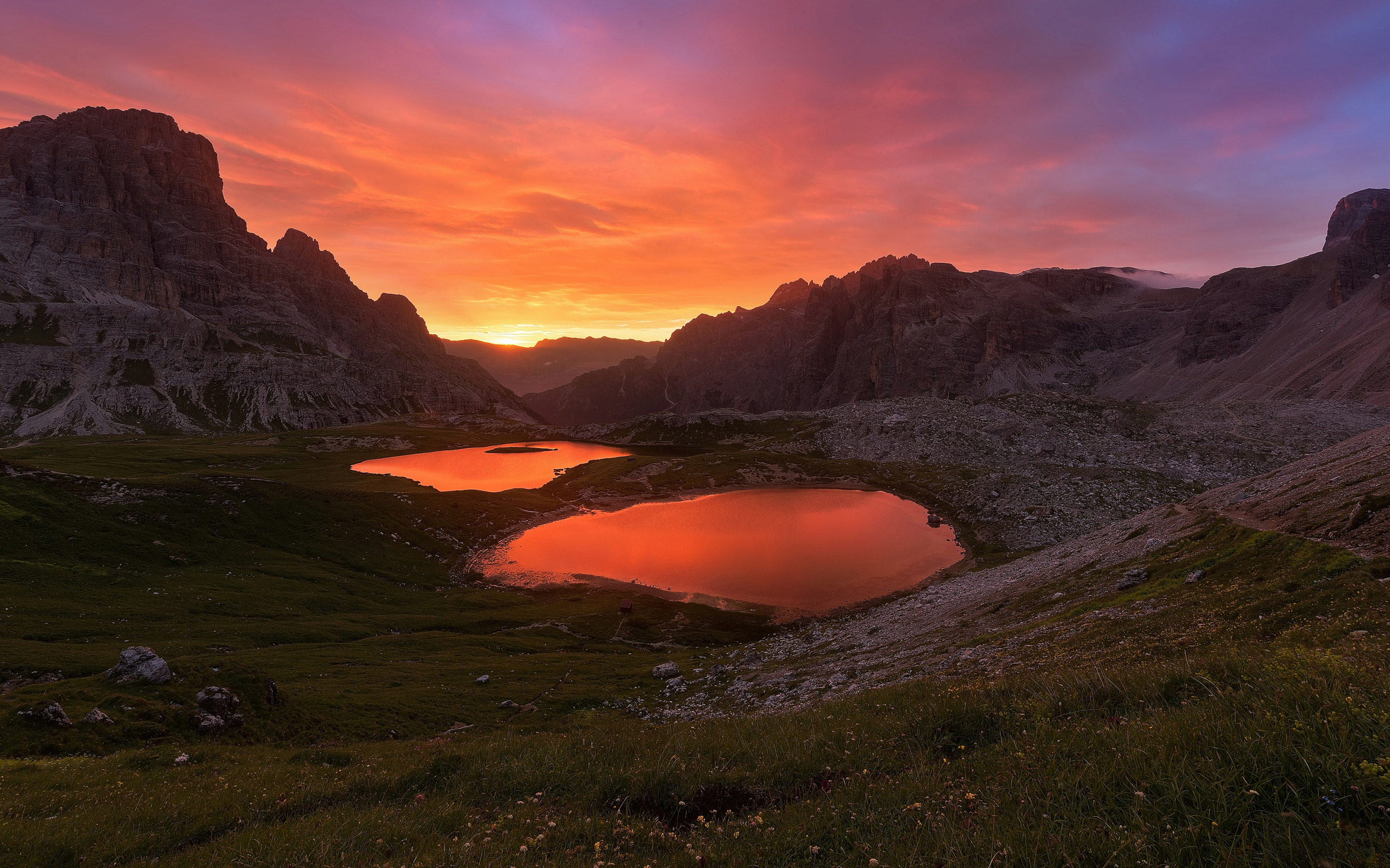 Free download wallpaper Sunset, Mountains, Italy, Mountain, Lake, Earth, Evening, Dolomites on your PC desktop