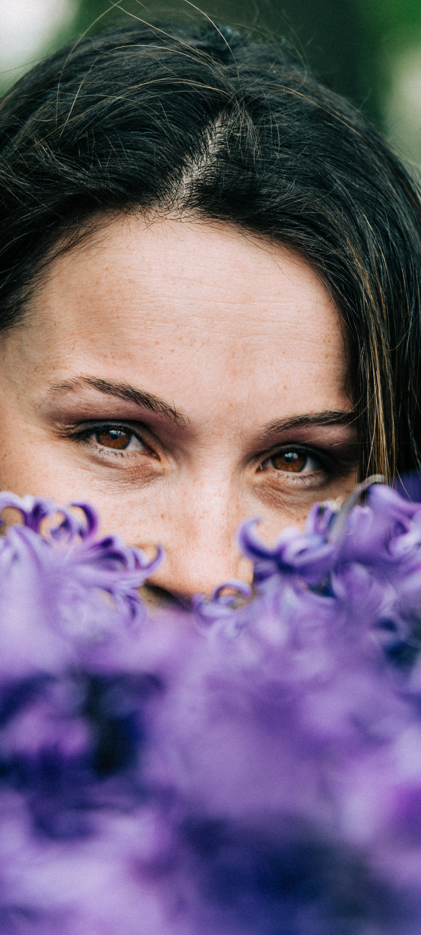 Download mobile wallpaper Flower, Face, Model, Women, Purple Flower for free.