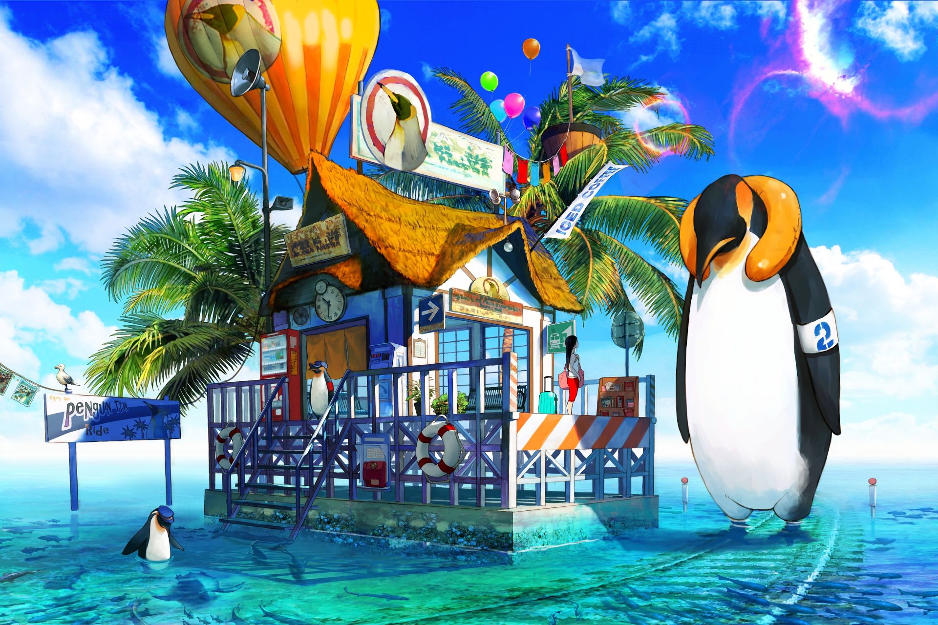 Free download wallpaper Anime, Water, Sky, Bird, Cloud, Fish, Penguin, Original on your PC desktop