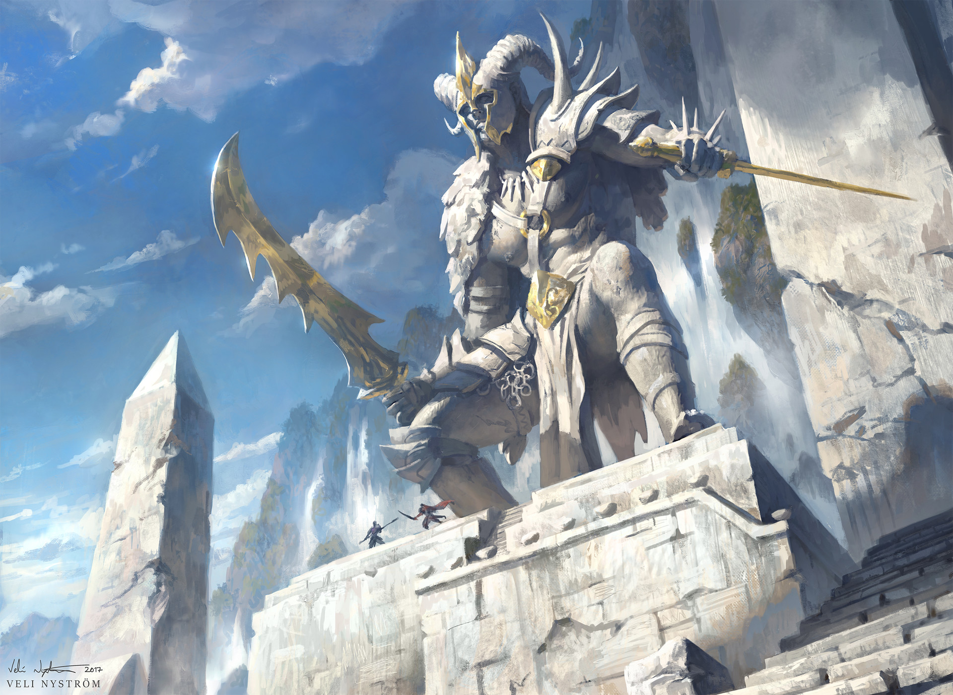 Free download wallpaper Fantasy, Statue, Warrior, Fight, Sword on your PC desktop