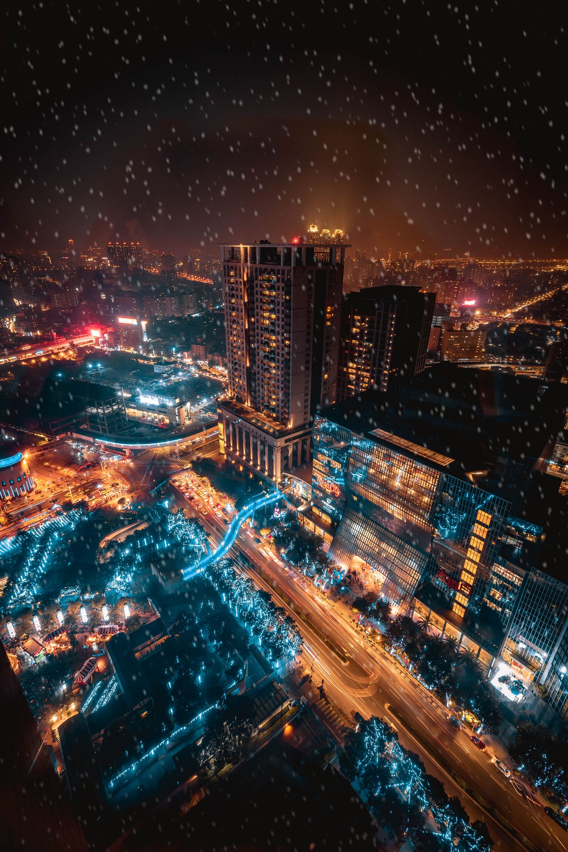 taiwan, night city, snowfall, cities, city lights, taipei HD wallpaper