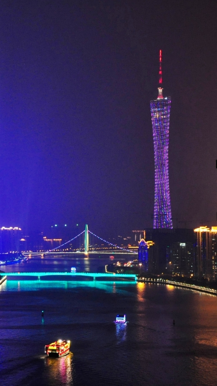 1108675 скачать обои гуанчжоу, сделано человеком, китай, кита́й, жемчужная река, кантонская башня, ночь, города - заставки и картинки бесплатно