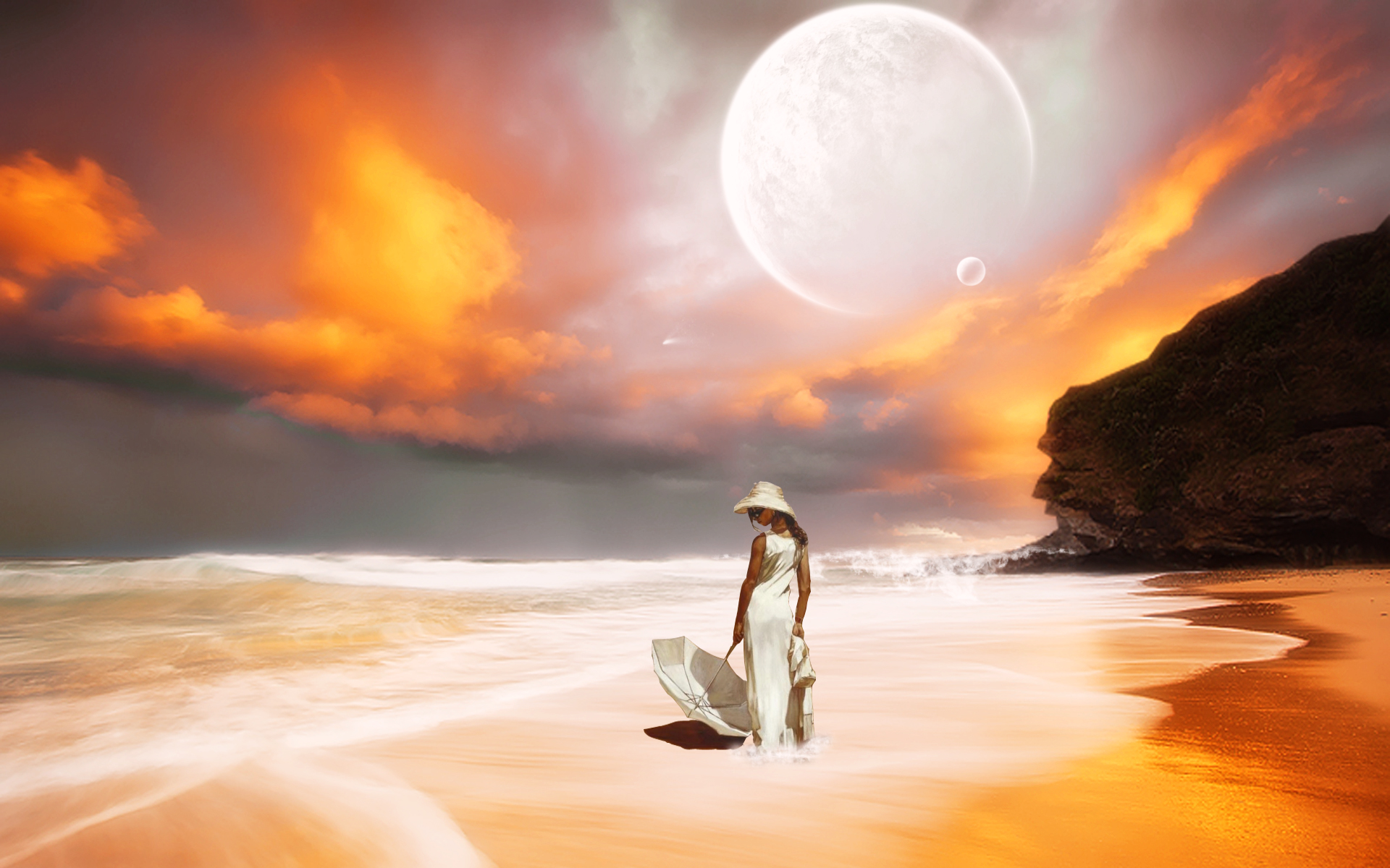 Download mobile wallpaper Fantasy, Sunset, Beach, Planet, Umbrella, Artistic, Women, White Dress for free.