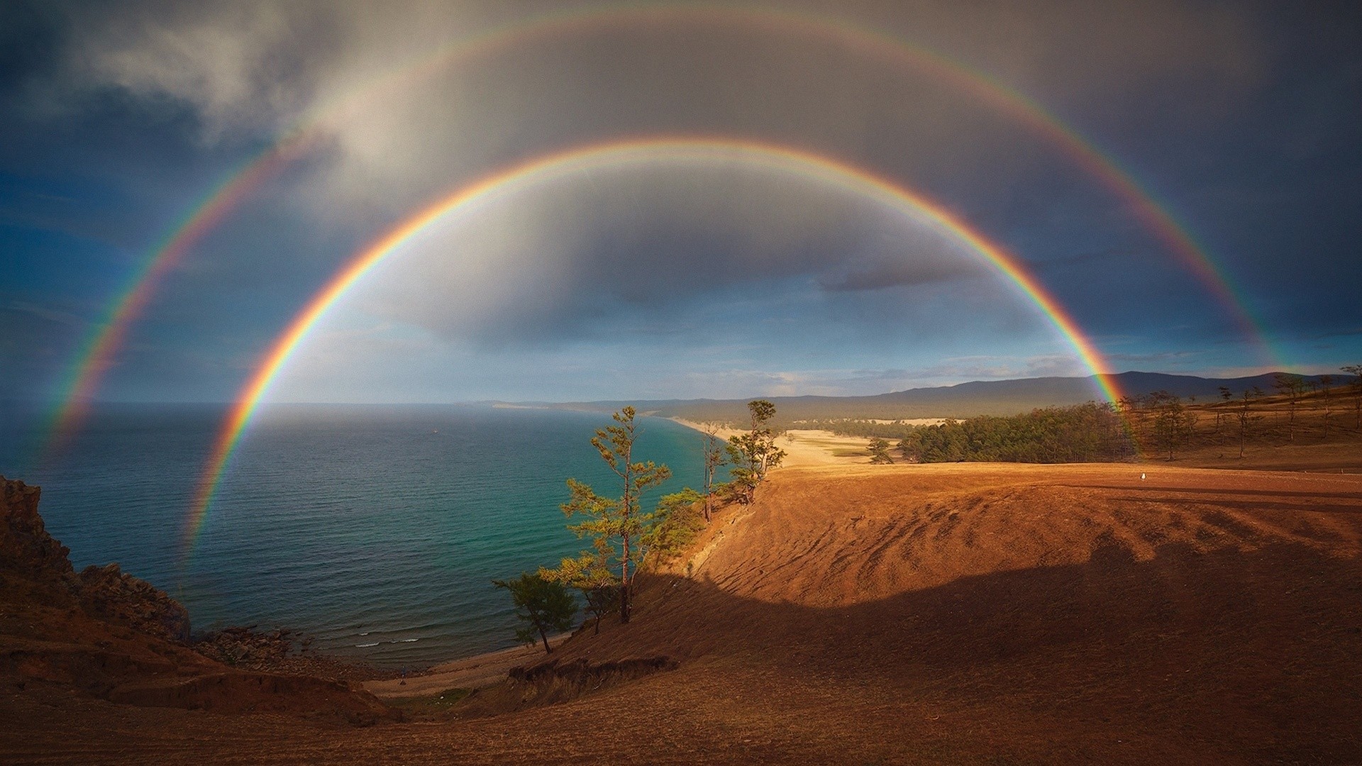 Download mobile wallpaper Sea, Sand, Rainbow, Horizon, Tree, Earth for free.