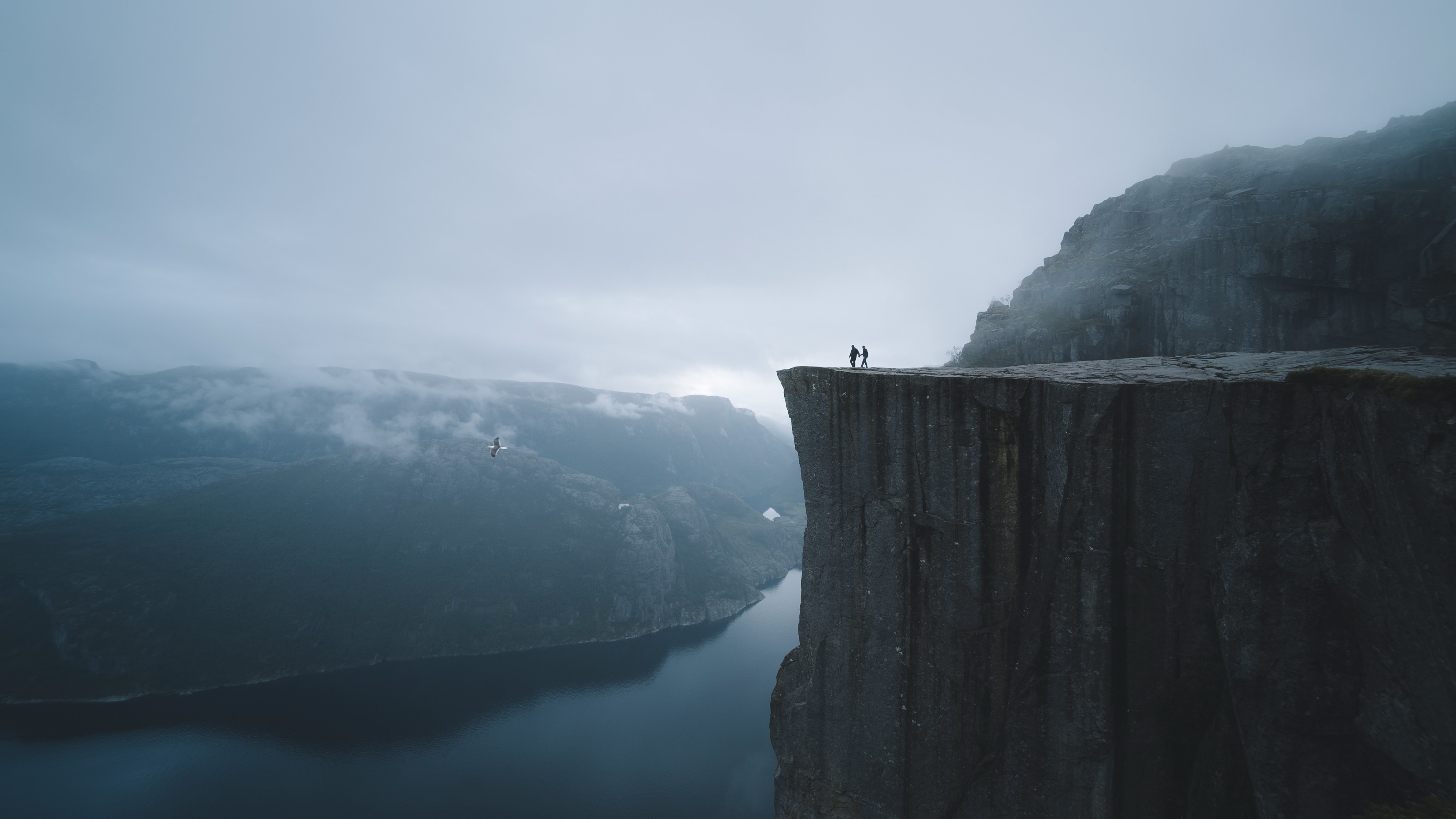 nature, silhouettes, precipice, lake, fog, break, cliff Full HD