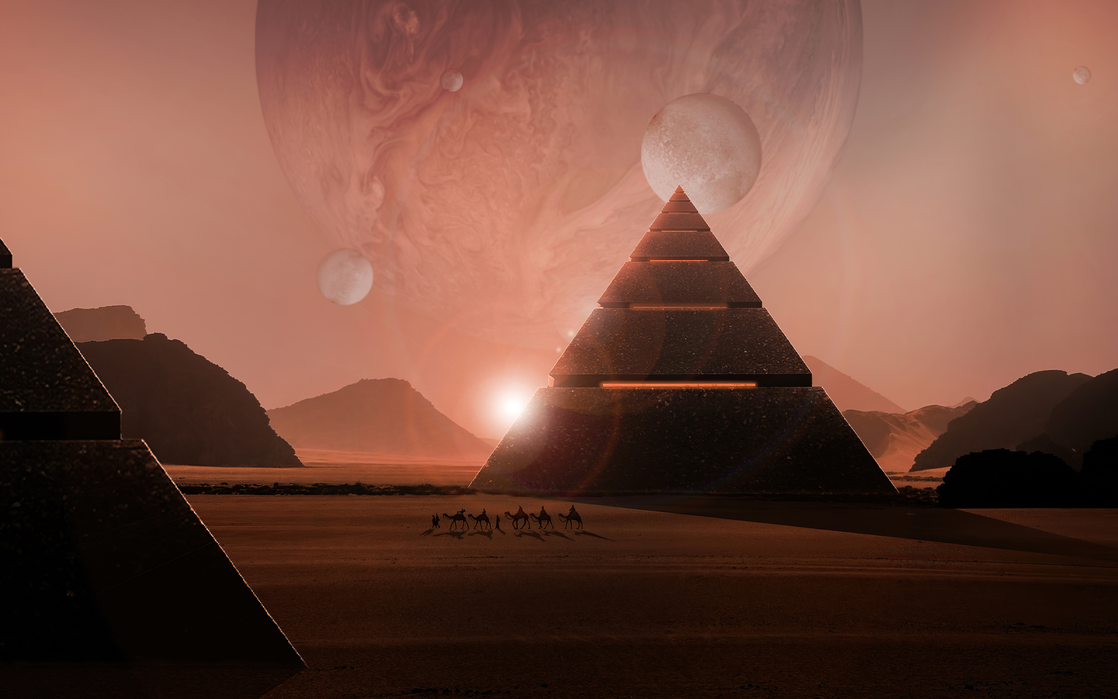 Скачати мобільні шпалери Пейзаж, Пустеля, Планета, Піраміда, Наукова Фантастика безкоштовно.