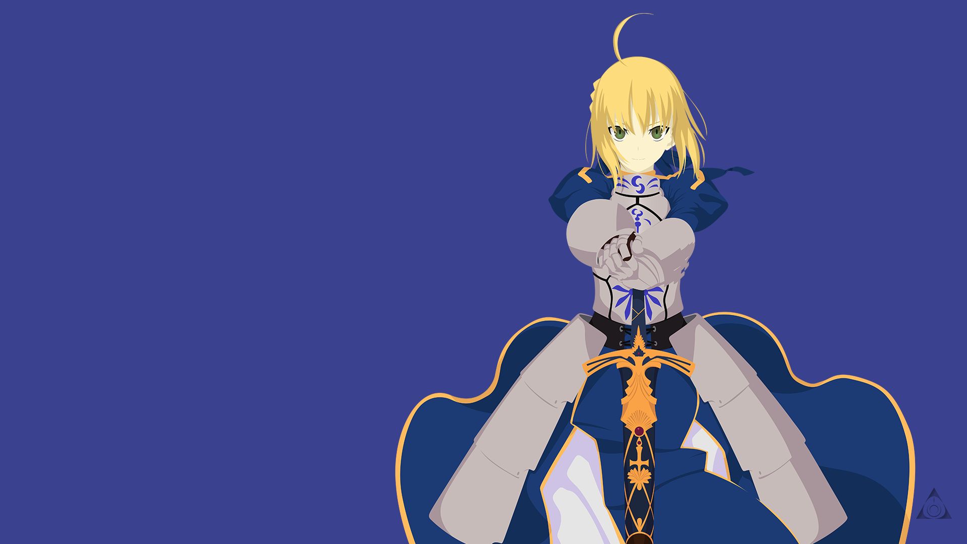 Free download wallpaper Anime, Weapon, Smile, Blonde, Dress, Armor, Sword, Green Eyes, Minimalist, Saber (Fate Series), Fate/stay Night, Blue Dress, Fate Series on your PC desktop