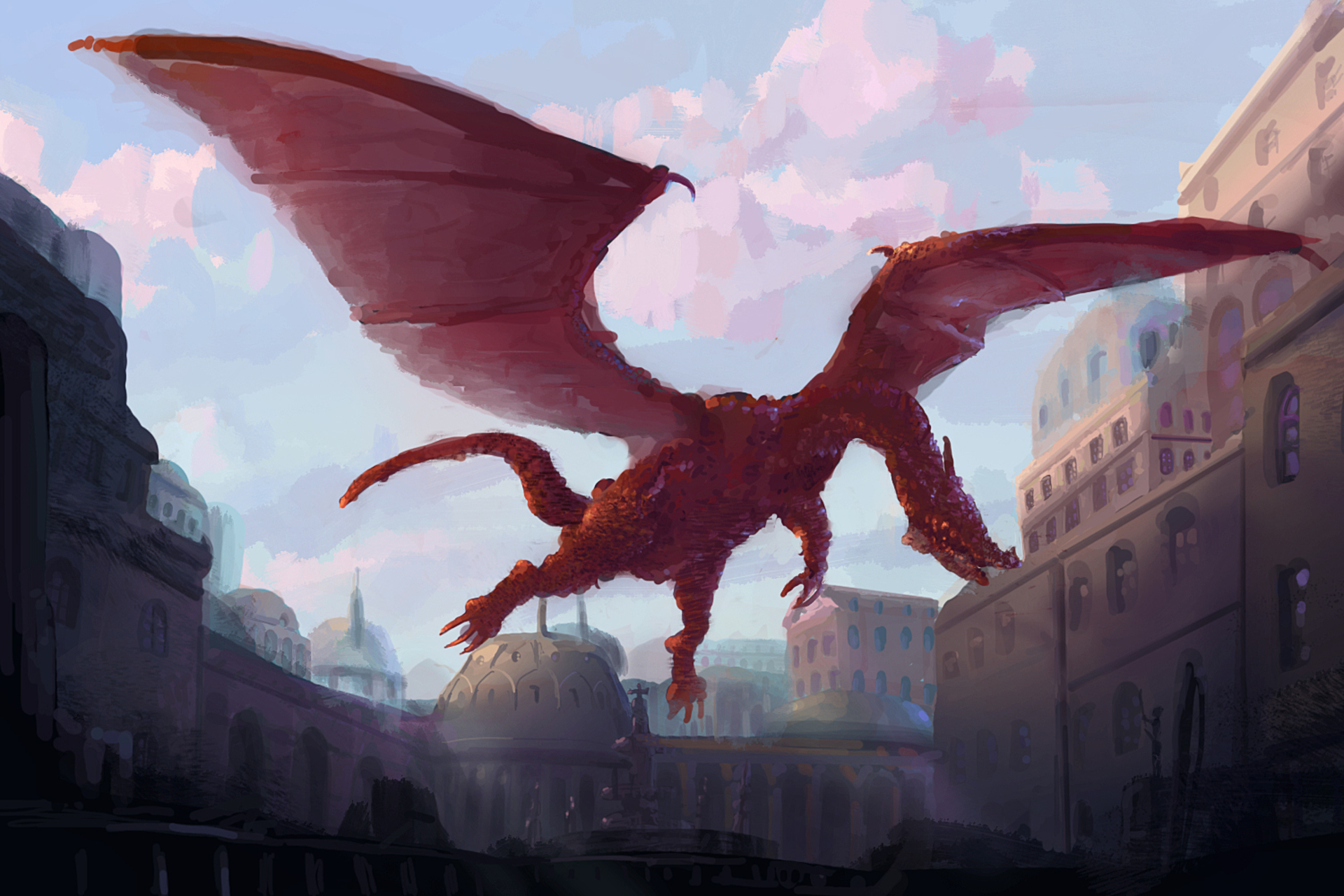 Free download wallpaper Anime, City, Dragon, Original on your PC desktop