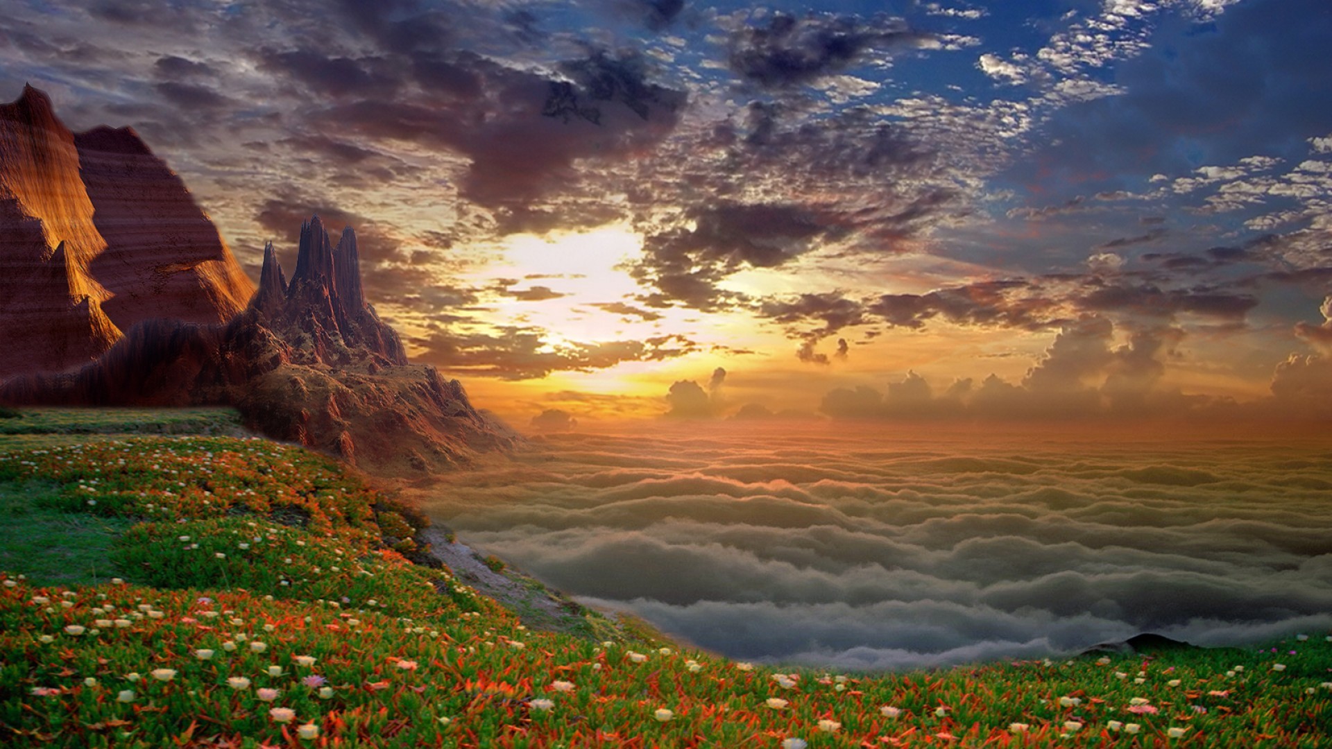 Free download wallpaper Landscape, Fantasy, Sunset, Sky, Flower, Cloud on your PC desktop