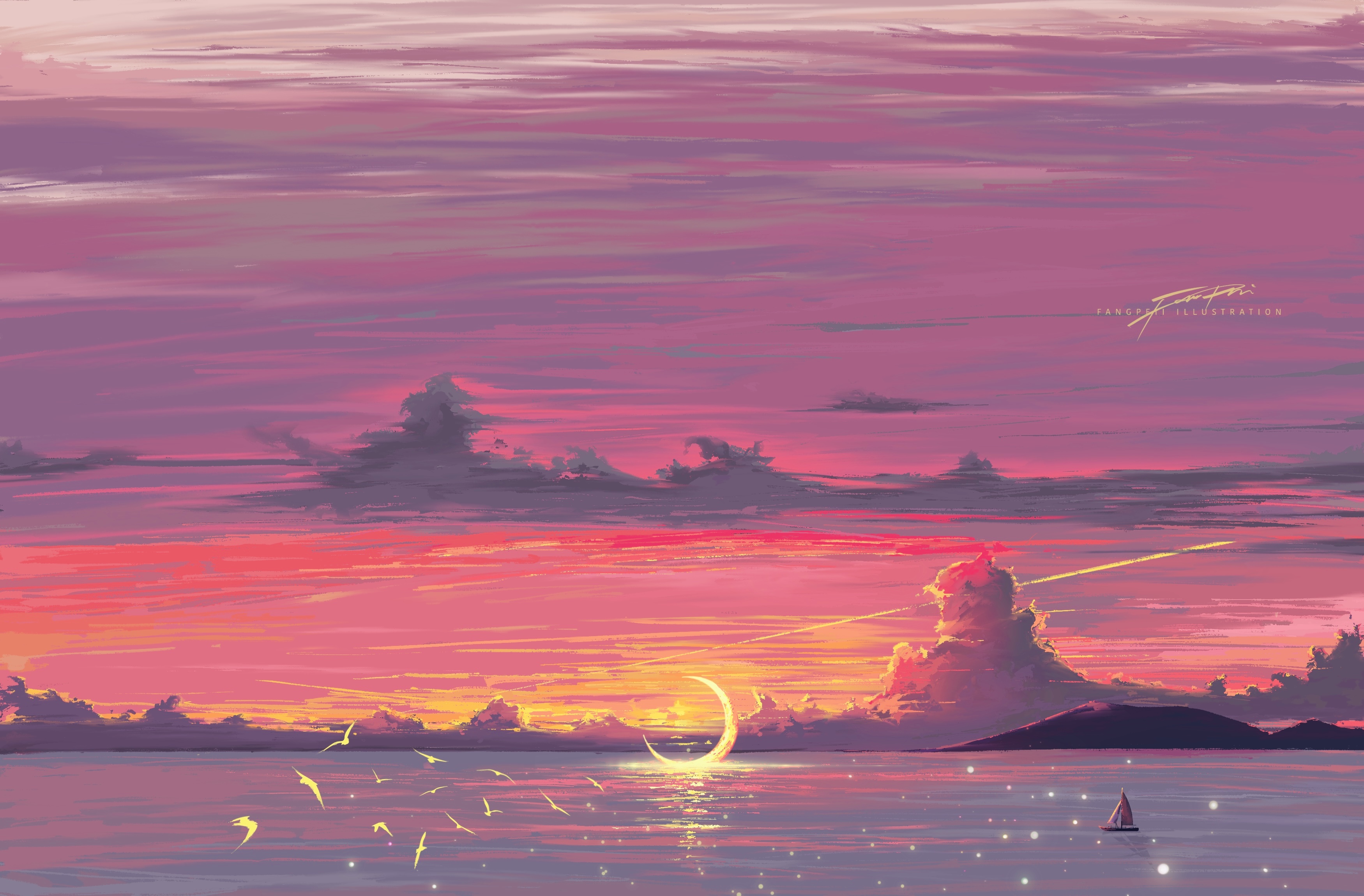 Free download wallpaper Anime, Landscape, Water, Sunset, Sky, Moon on your PC desktop