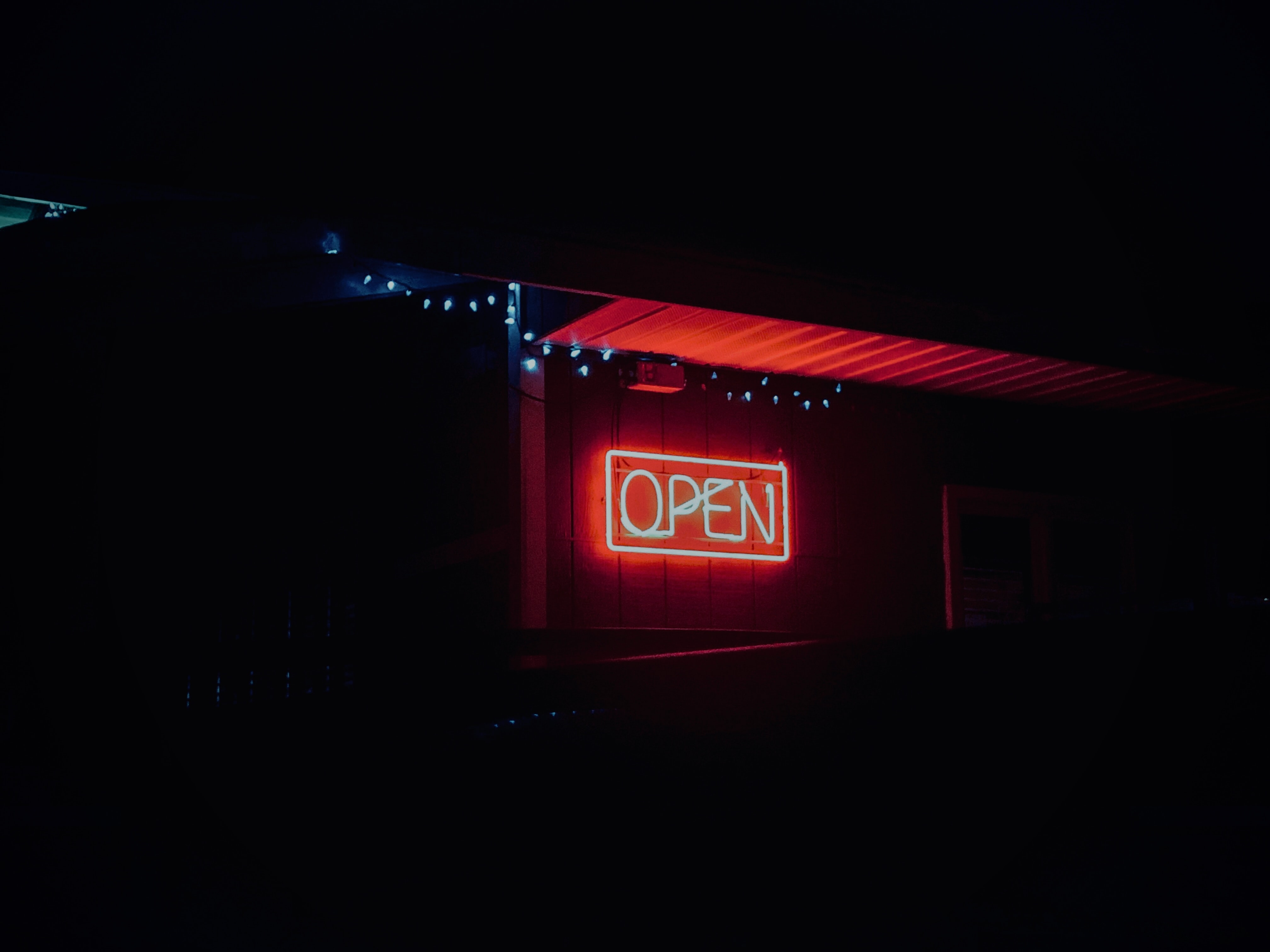 neon, words, dark, text, sign, signboard, open, it's open