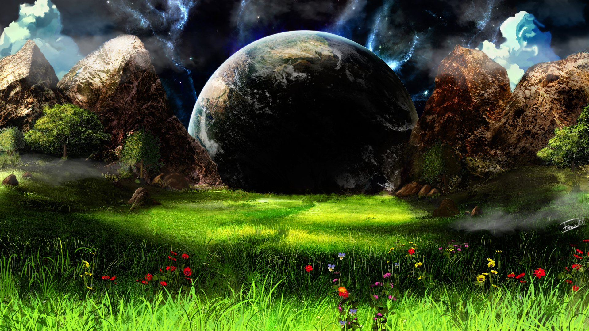 Download mobile wallpaper Landscape, Moon, Flower, Field, Planet, Sci Fi for free.