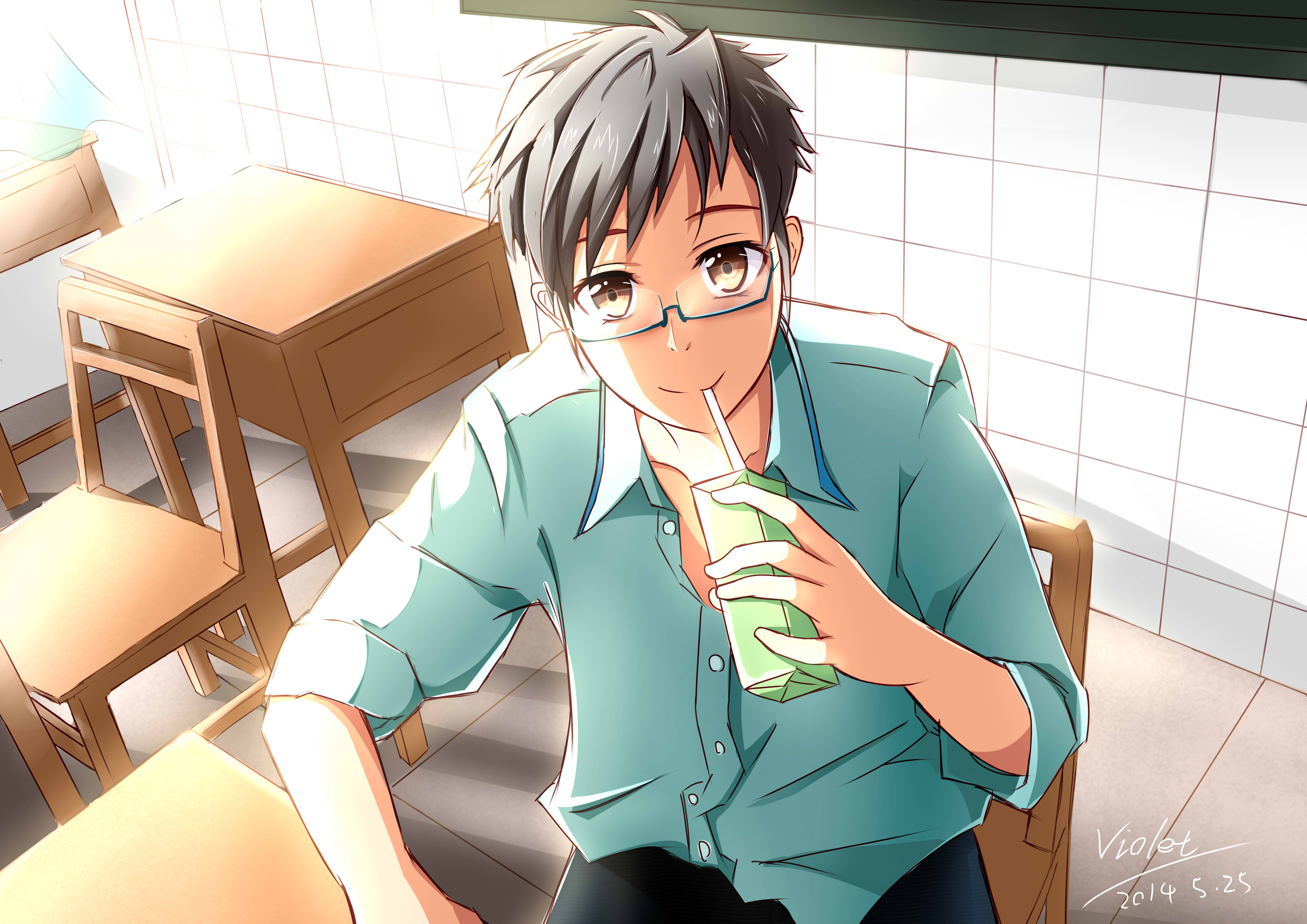 anime, boy, black hair, brown eyes, drinking, glasses HD wallpaper