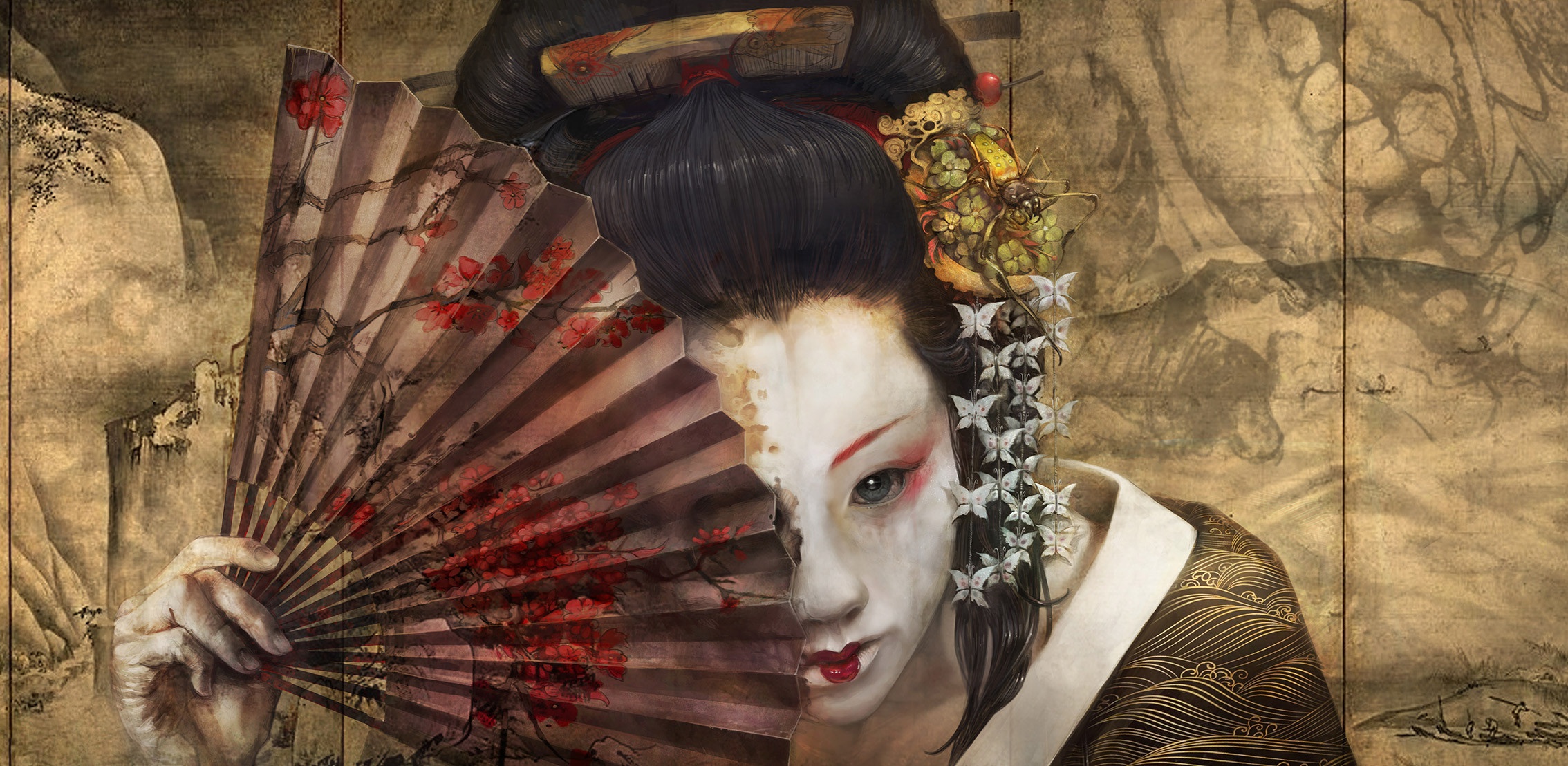 Download mobile wallpaper Fantasy, Face, Fan, Makeup, Geisha for free.