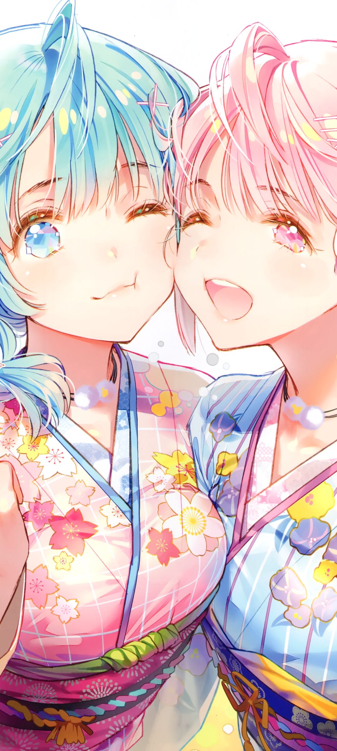Download mobile wallpaper Anime, Blue Eyes, Original, Pink Hair, Blue Hair, Pink Eyes, Yukata for free.