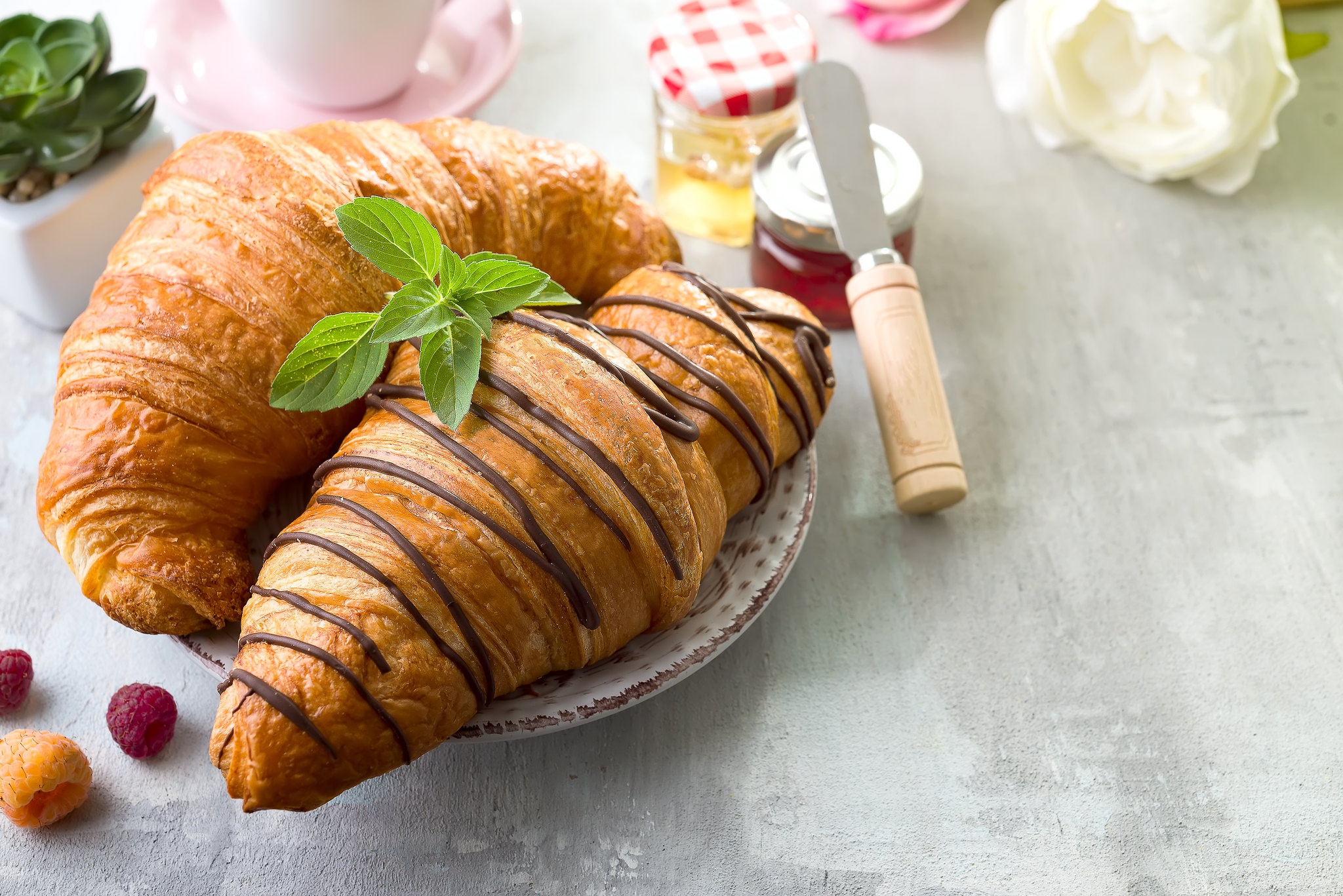 Free download wallpaper Food, Still Life, Jam, Breakfast, Croissant, Viennoiserie on your PC desktop