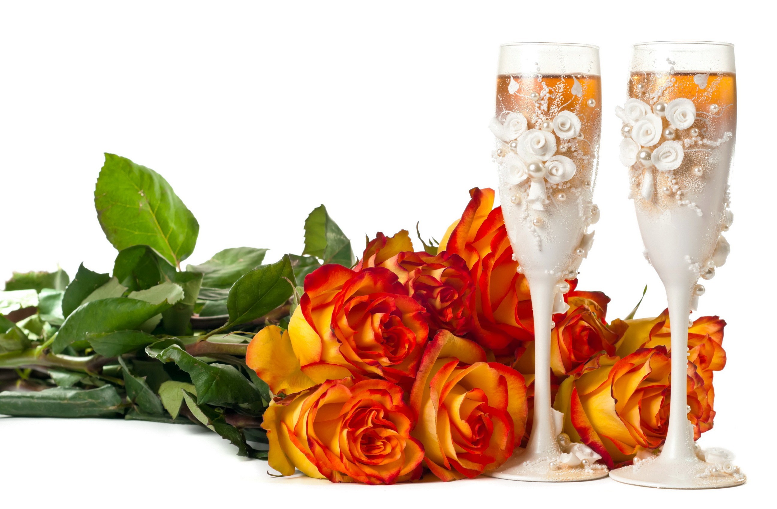 bouquet, food, wine, glasses, petal, rose, valentine's day