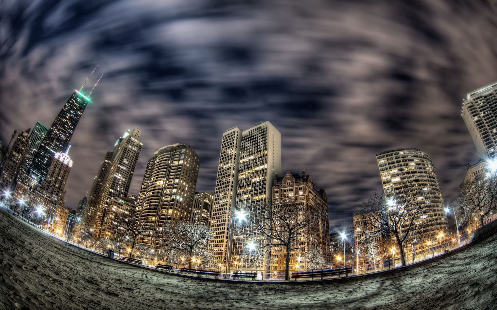 cities, building, lights, night city, skyscrapers, chicago, fish eye