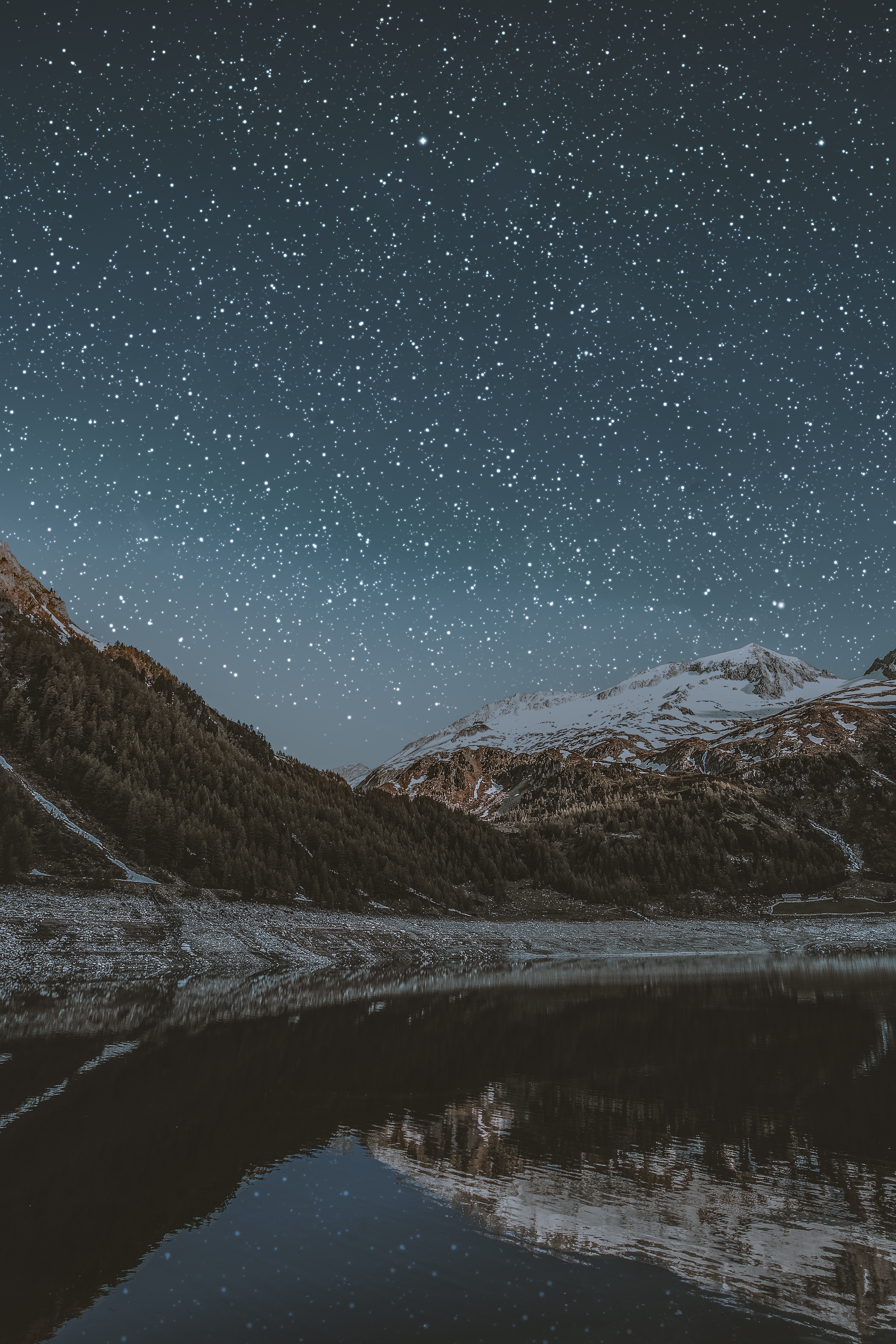 lake, snow covered, nature, mountains, night, starry sky, snowbound HD wallpaper