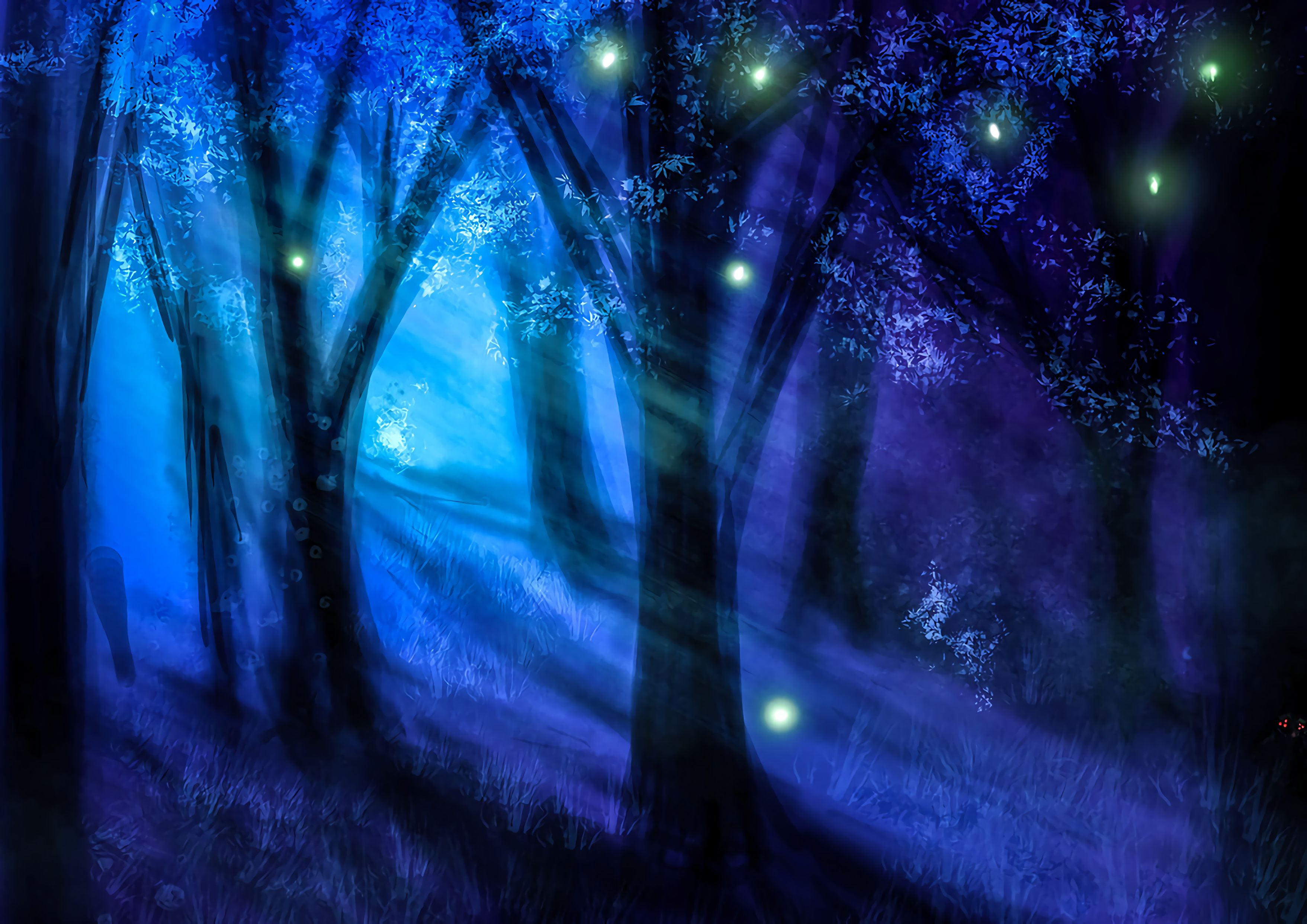 Download mobile wallpaper Forest, Trees, Night, Light, Shine, Art for free.