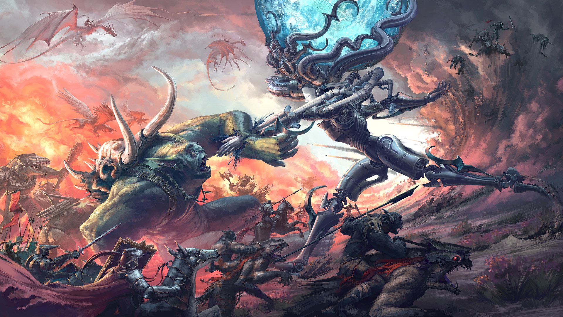 Download mobile wallpaper Fantasy, Dragon, Robot, Warrior, Creature, Sphere, Battle for free.