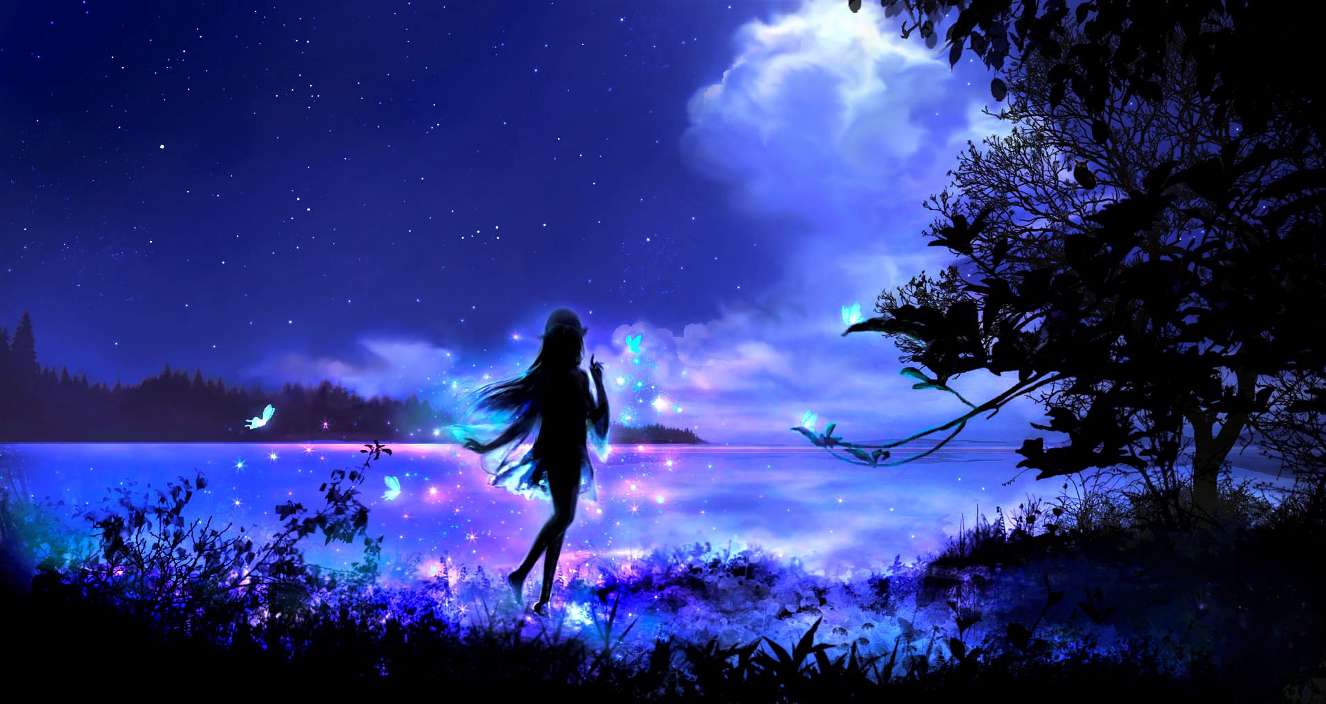 Free download wallpaper Fantasy, Night, Silhouette, Butterfly, Fairy on your PC desktop