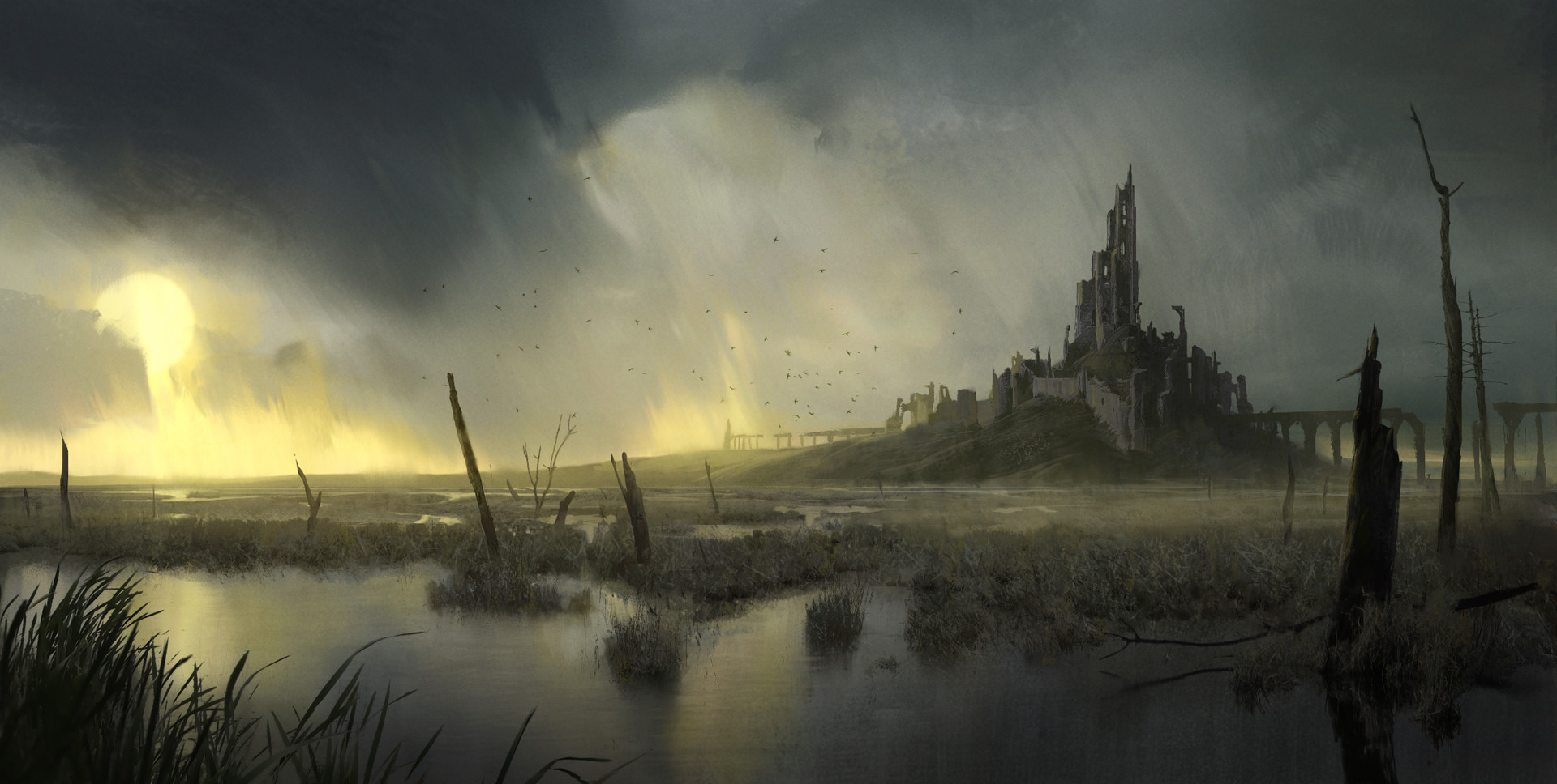 Download mobile wallpaper Landscape, Fantasy, Swamp, Ruin, Castle for free.